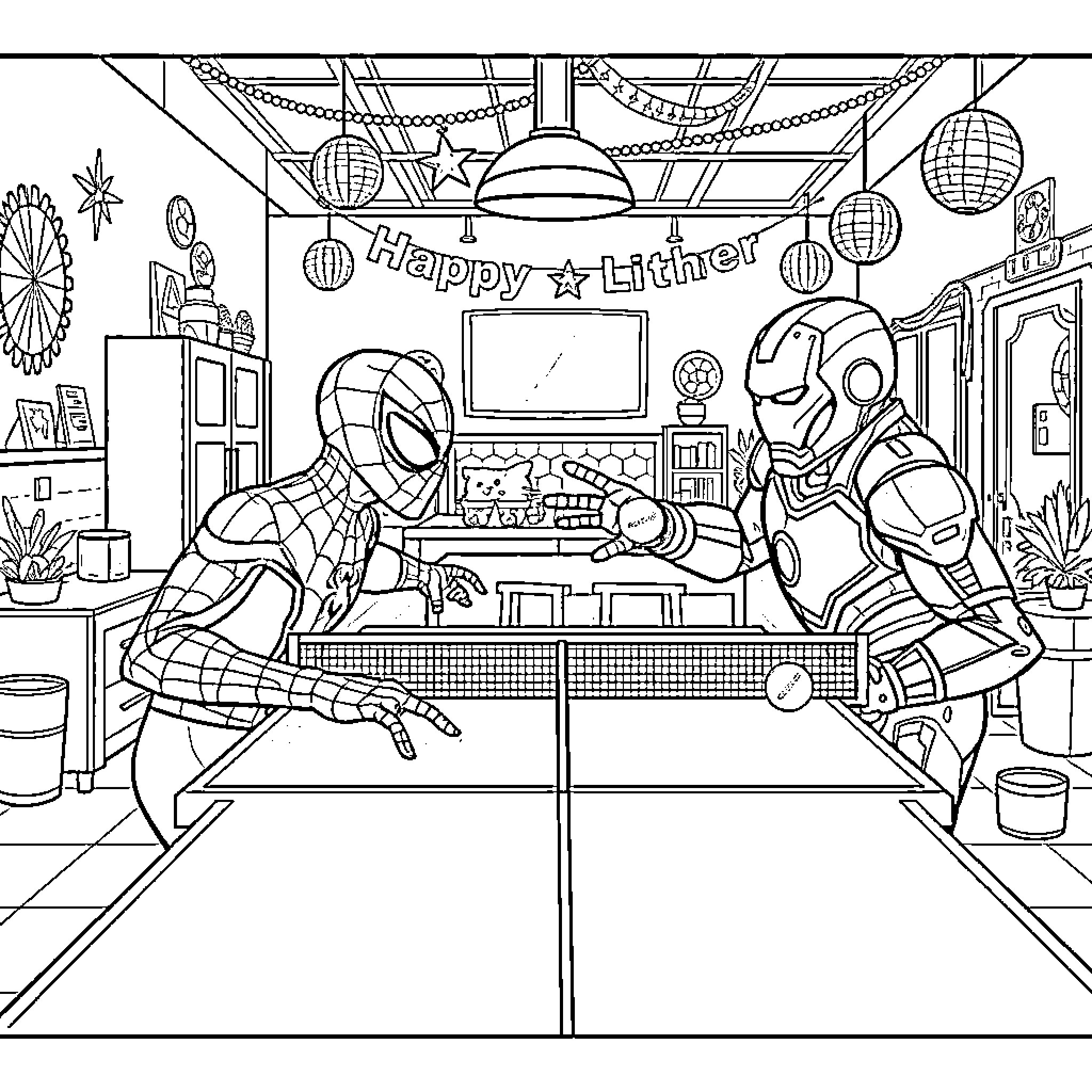 Spider-Man Playing Table Tennis with Iron Man Coloring Page (free black-and-white line drawing printable PDF for all, from beginners to advanced learners, including children, teens, adults, and seniors)