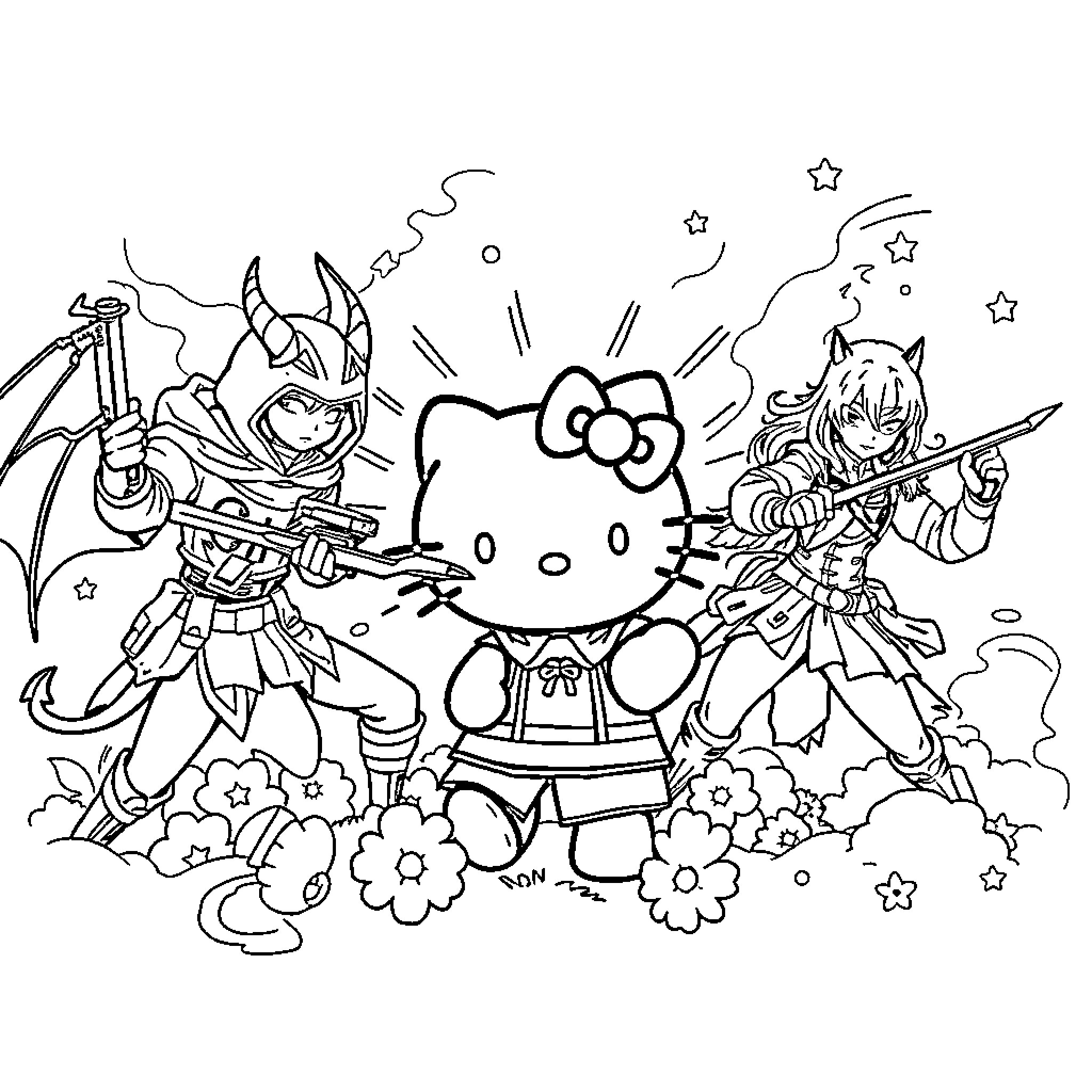 Kpop Characters in Fantastical Outfits and Poses Coloring Page (free black-and-white line drawing printable PDF for all, from beginners to advanced learners, including children, teens, adults, and seniors)