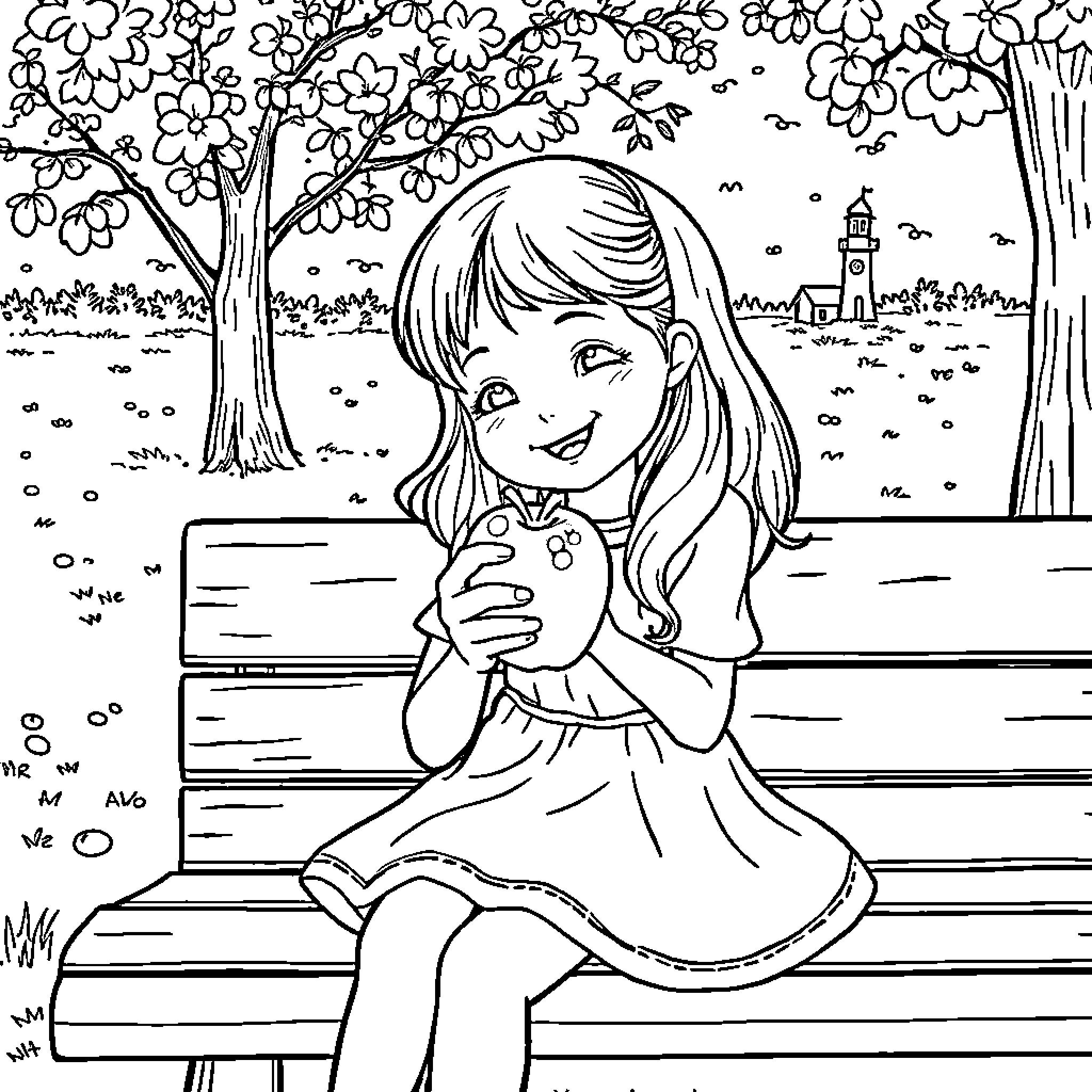 Girl sitting on a bench in a blooming park Coloring Page (free black-and-white line drawing printable PDF for all, from beginners to advanced learners, including children, teens, adults, and seniors)