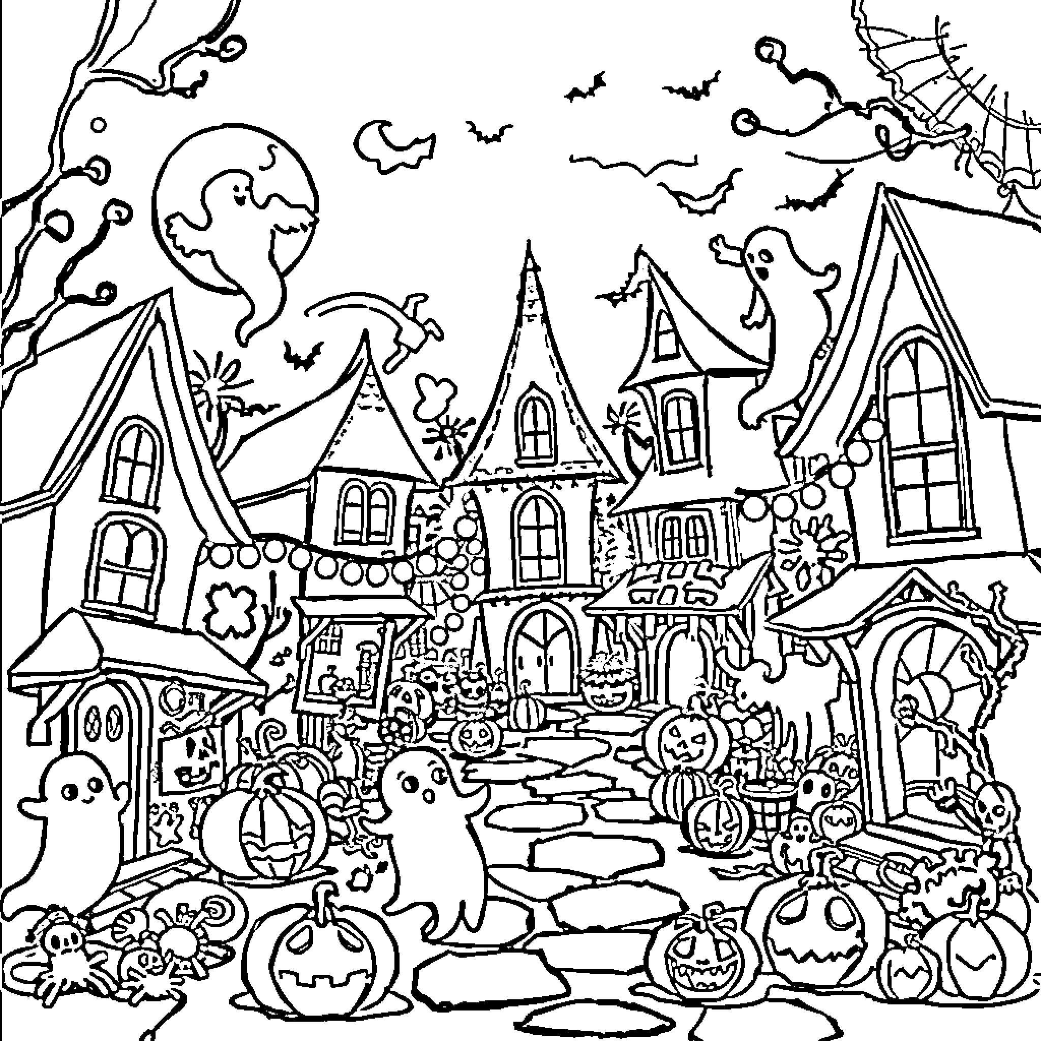 Halloween Town with Spooky Decorations and Creatures Coloring Page (free black-and-white line drawing printable PDF for all, from beginners to advanced learners, including children, teens, adults, and seniors)