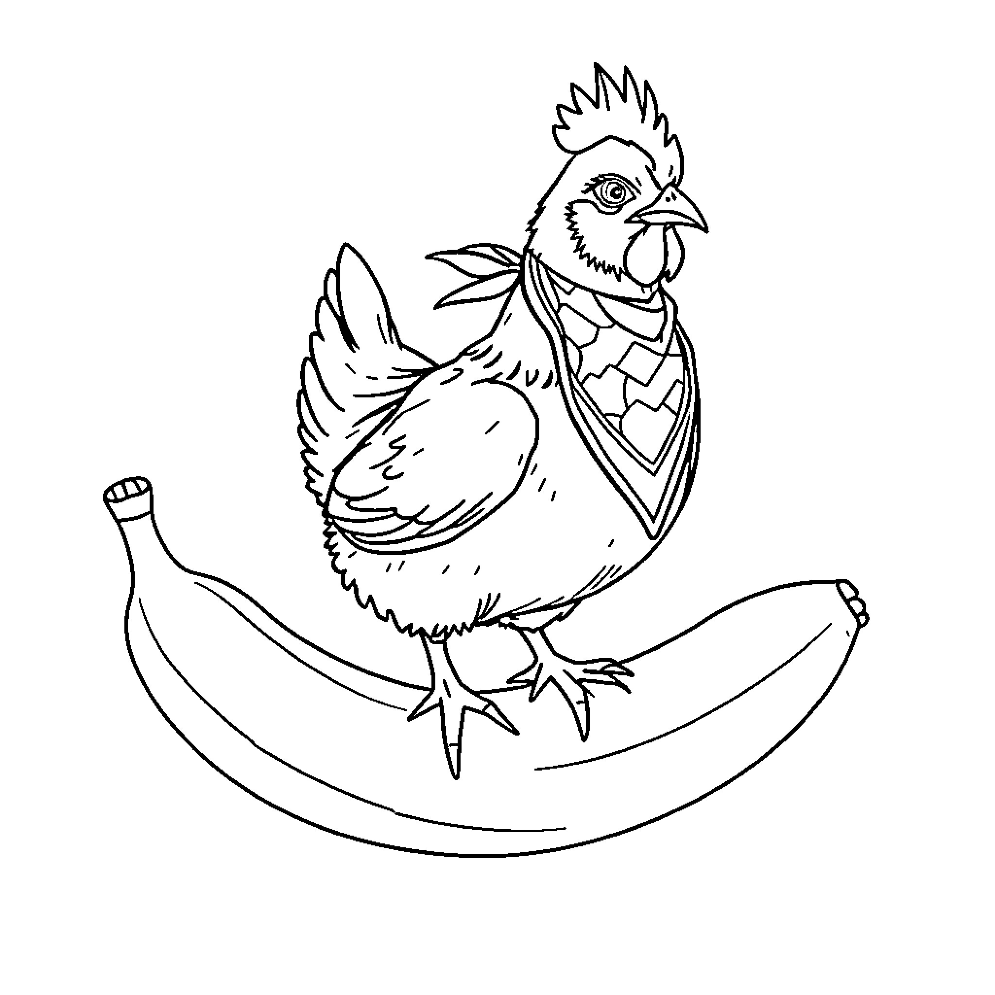 Chicken resting on a banana Coloring Page (free black-and-white line drawing printable PDF for all, from beginners to advanced learners, including children, teens, adults, and seniors)