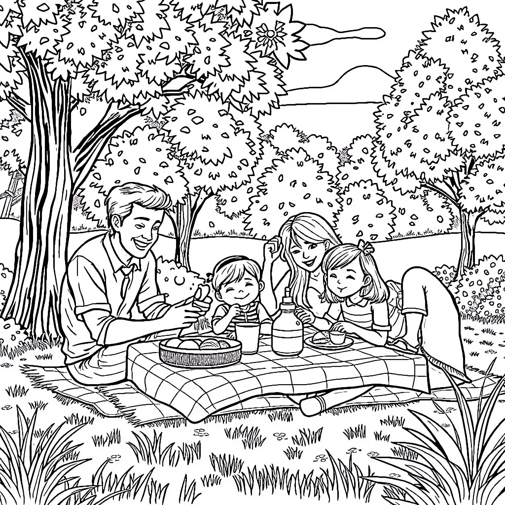 Family Enjoying Outdoor Picnic on a Sunny Day Coloring Page (free black-and-white line drawing printable PDF for all, from beginners to advanced learners, including children, teens, adults, and seniors)