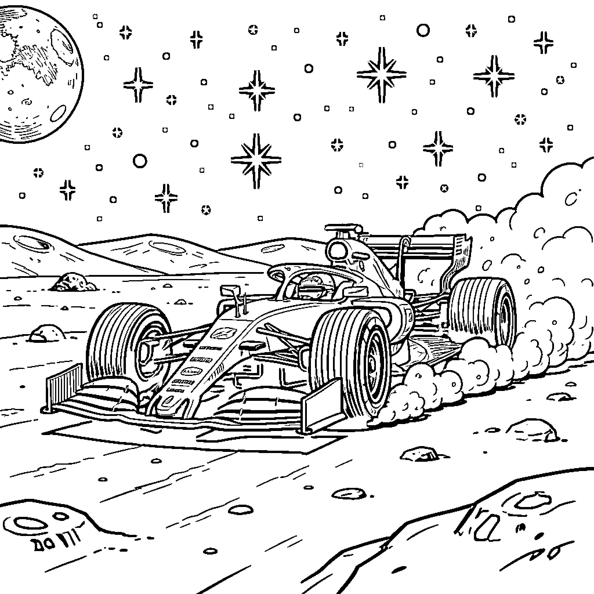 Formula One Car speeding through desert landscape Coloring Page (free black-and-white line drawing printable PDF for all, from beginners to advanced learners, including children, teens, adults, and seniors)