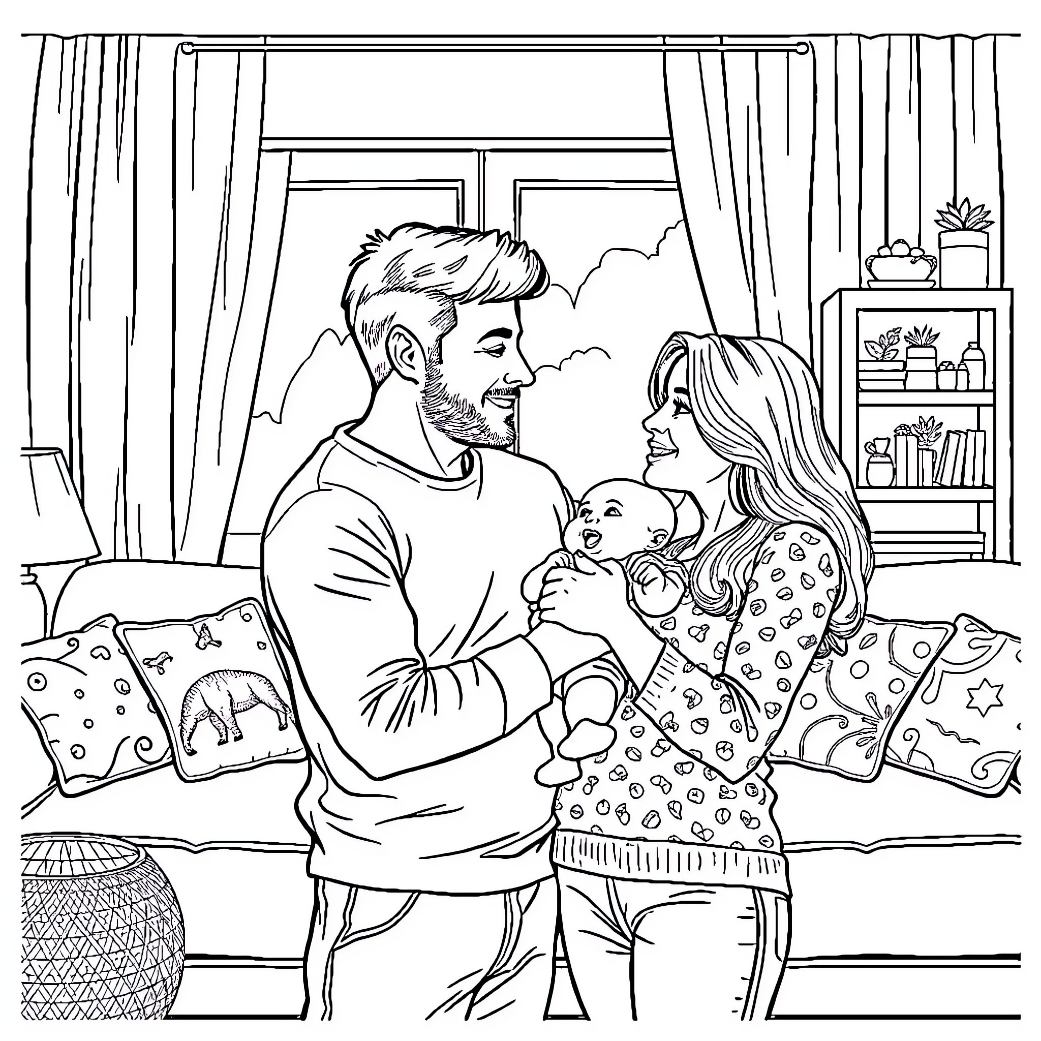 Family Bonding at Home with Newborn Coloring Page (free black-and-white line drawing printable PDF for all, from beginners to advanced learners, including children, teens, adults, and seniors)