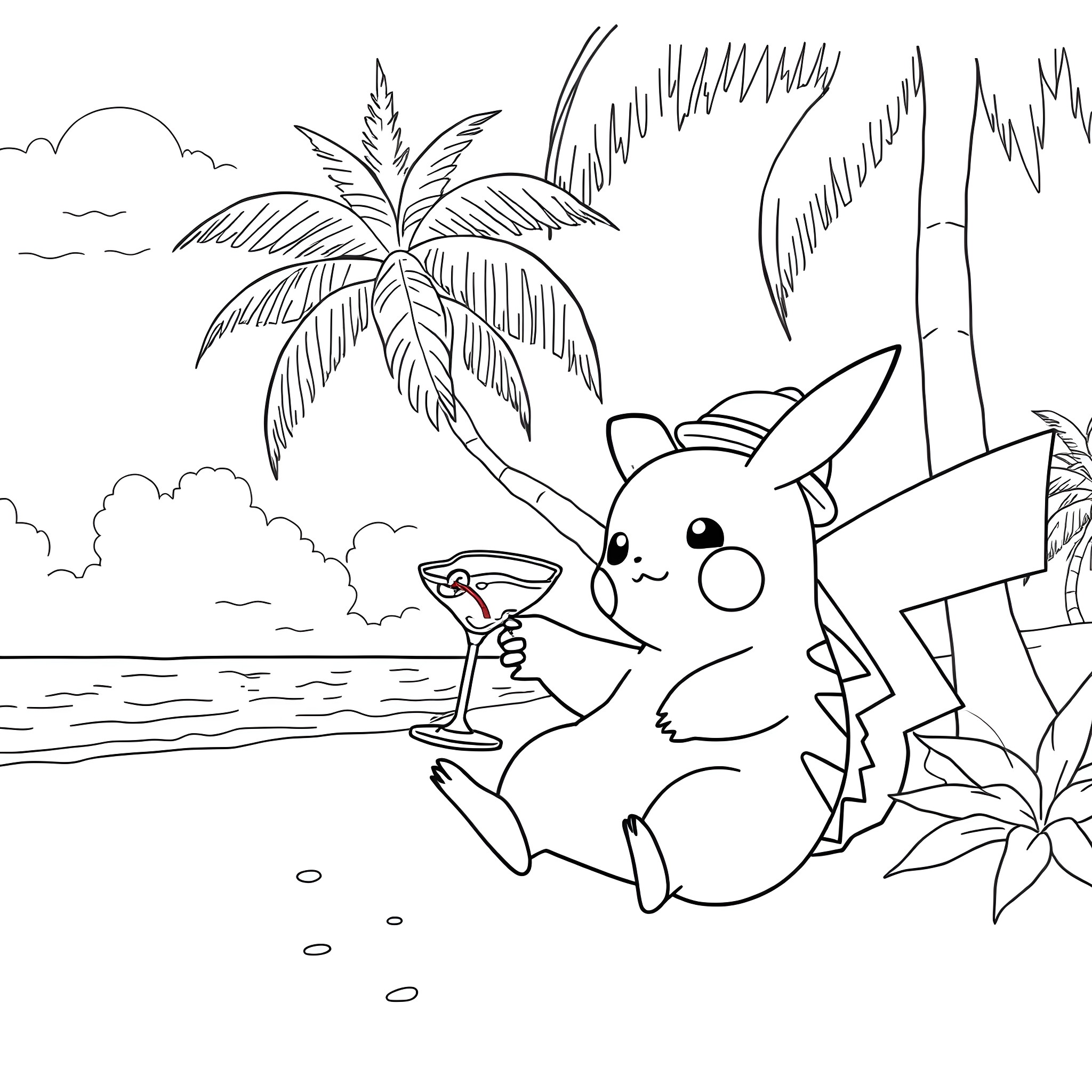 Pikachu relaxing on the beach with cocktail Coloring Page (free black-and-white line drawing printable PDF for all, from beginners to advanced learners, including children, teens, adults, and seniors)