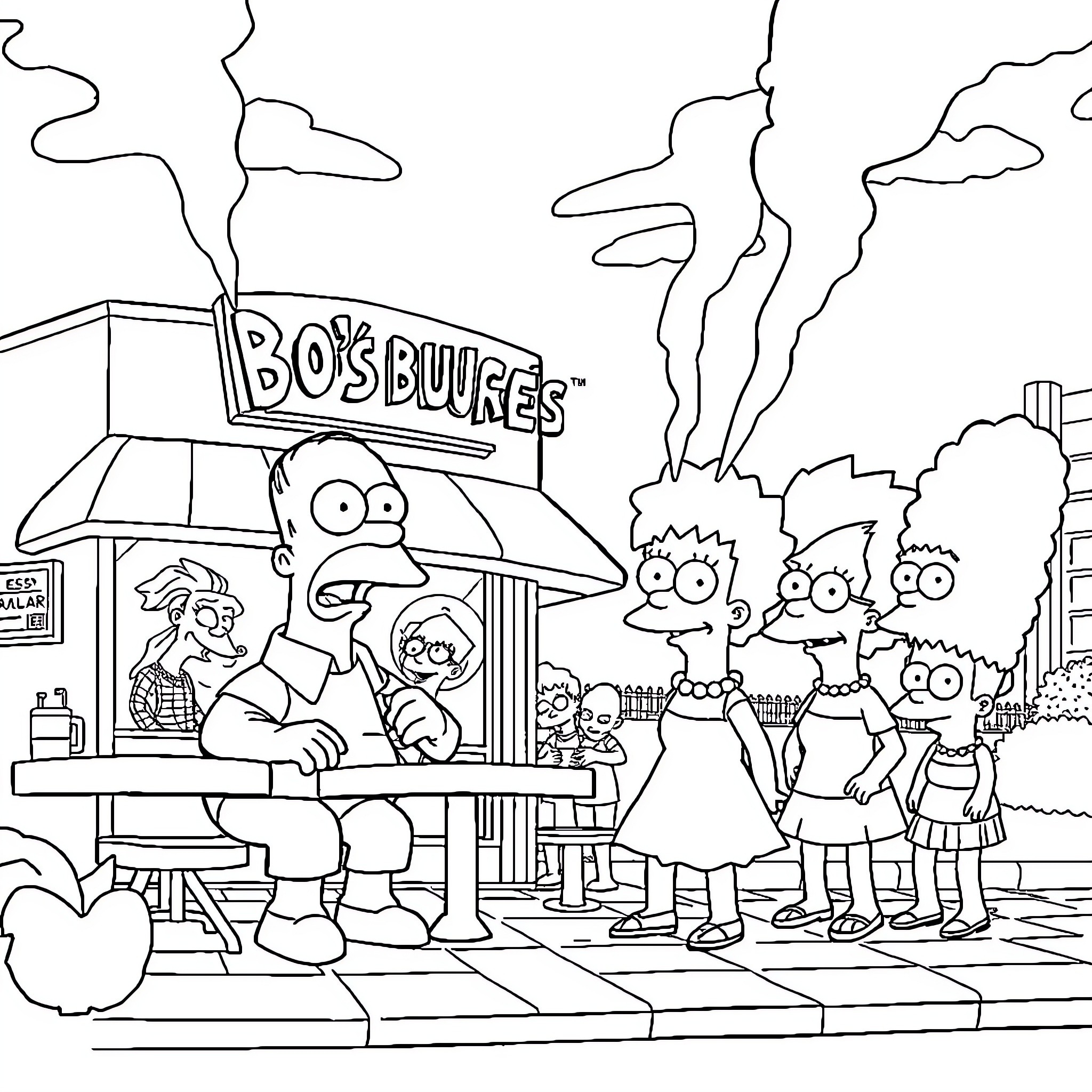 Bob's Burgers: Characters working at the restaurant Coloring Page (free black-and-white line drawing printable PDF for all, from beginners to advanced learners, including children, teens, adults, and seniors)