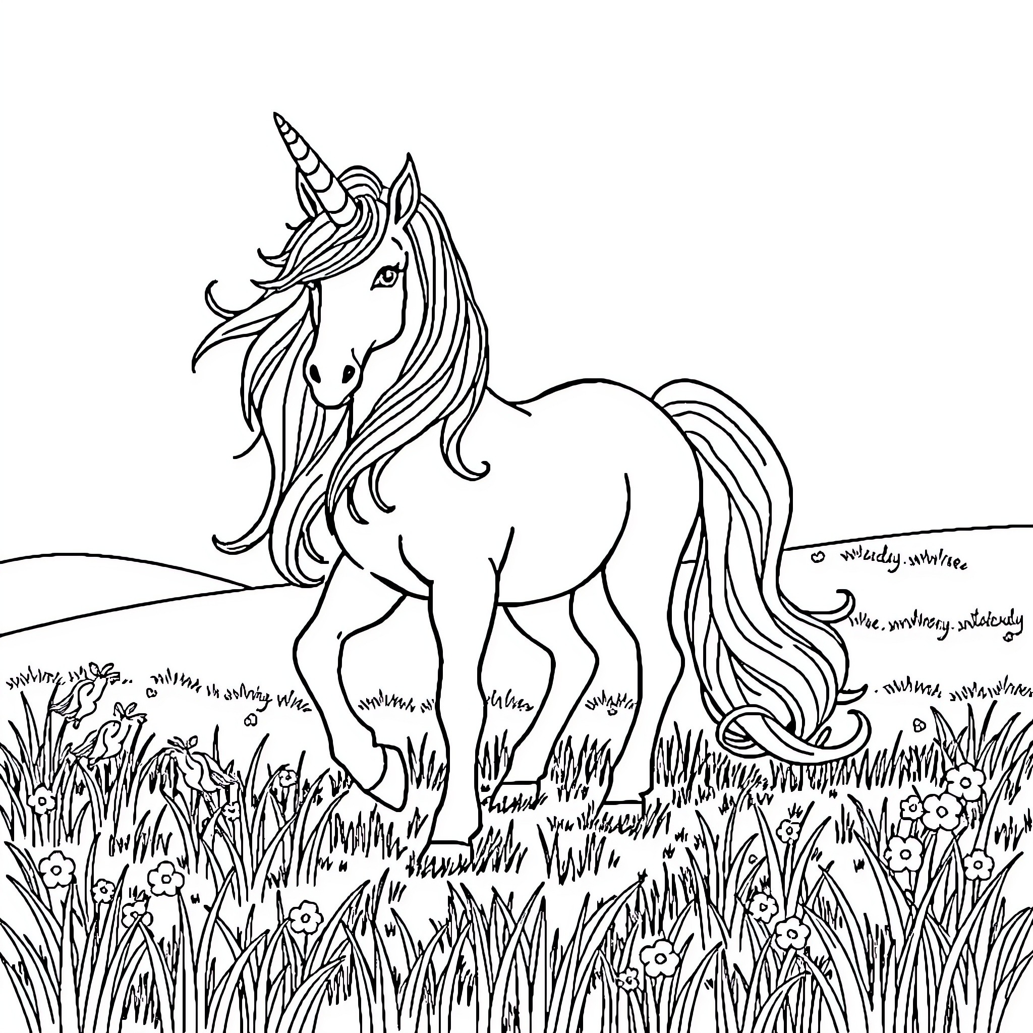 Unicorn Grazing Peacefully in Meadow Coloring Page (free black-and-white line drawing printable PDF for all, from beginners to advanced learners, including children, teens, adults, and seniors)