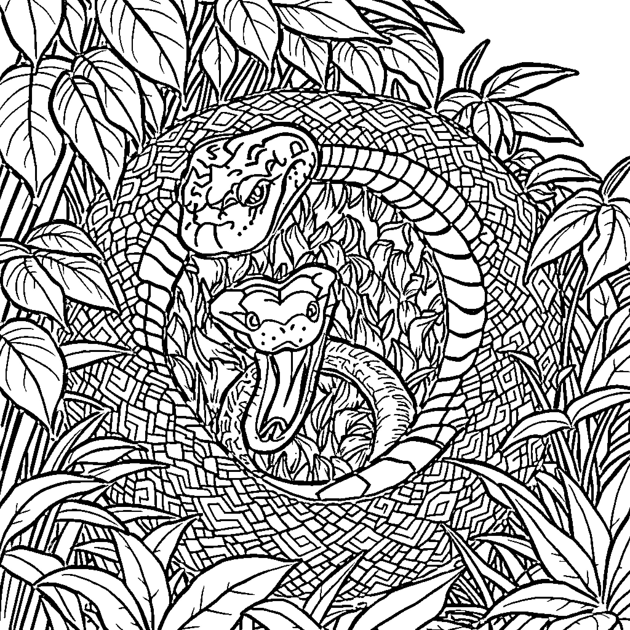 Python snakes entangled in jungle vegetation Coloring Page (free black-and-white line drawing printable PDF for all, from beginners to advanced learners, including children, teens, adults, and seniors)