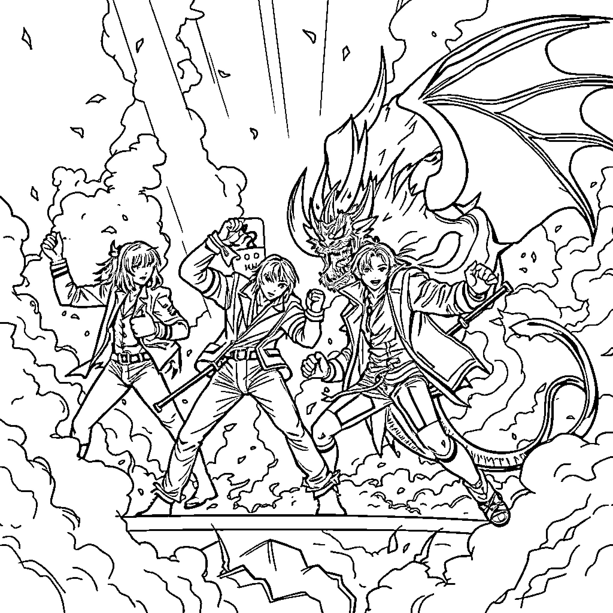 K Pop Anime Figures in Dramatic Action Pose Coloring Page (free black-and-white line drawing printable PDF for all, from beginners to advanced learners, including children, teens, adults, and seniors)
