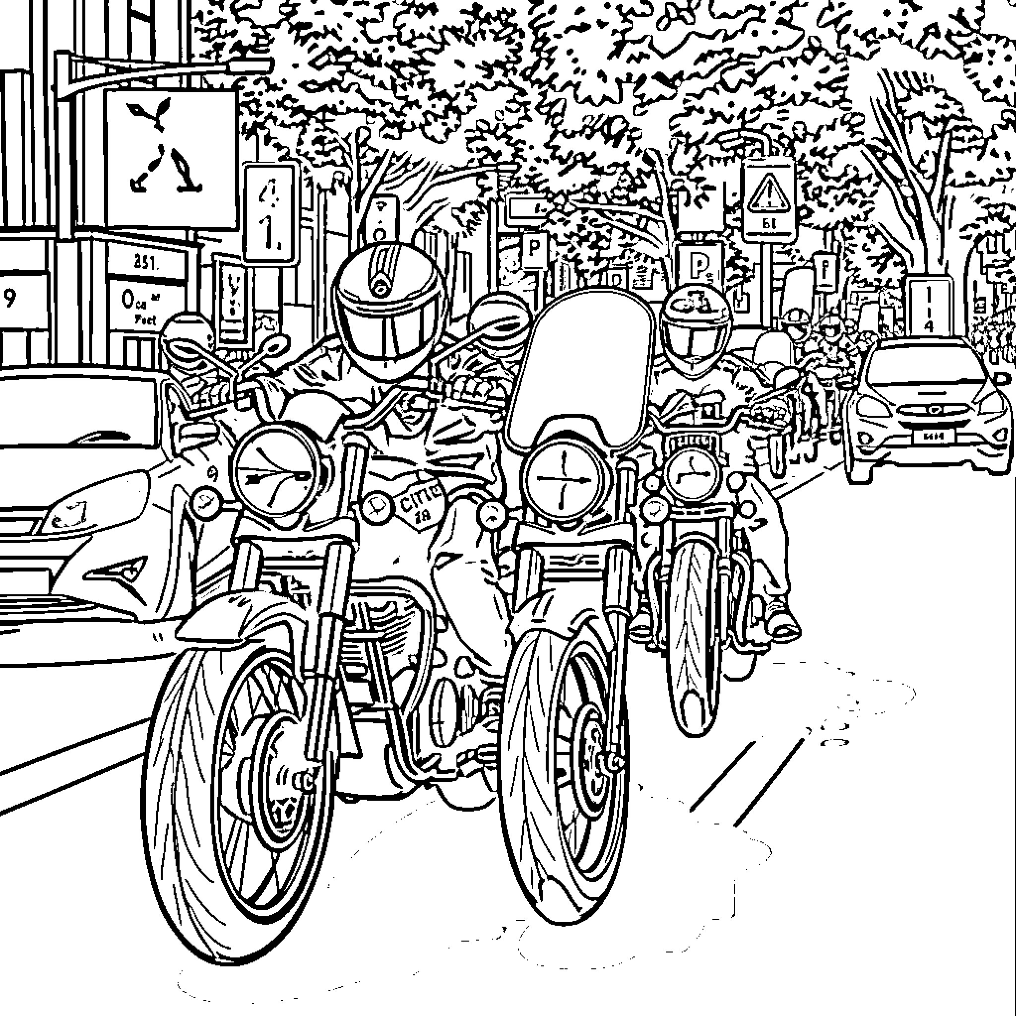 Motorcycle Traffic in a Busy Urban Setting Coloring Page (free black-and-white line drawing printable PDF for all, from beginners to advanced learners, including children, teens, adults, and seniors)