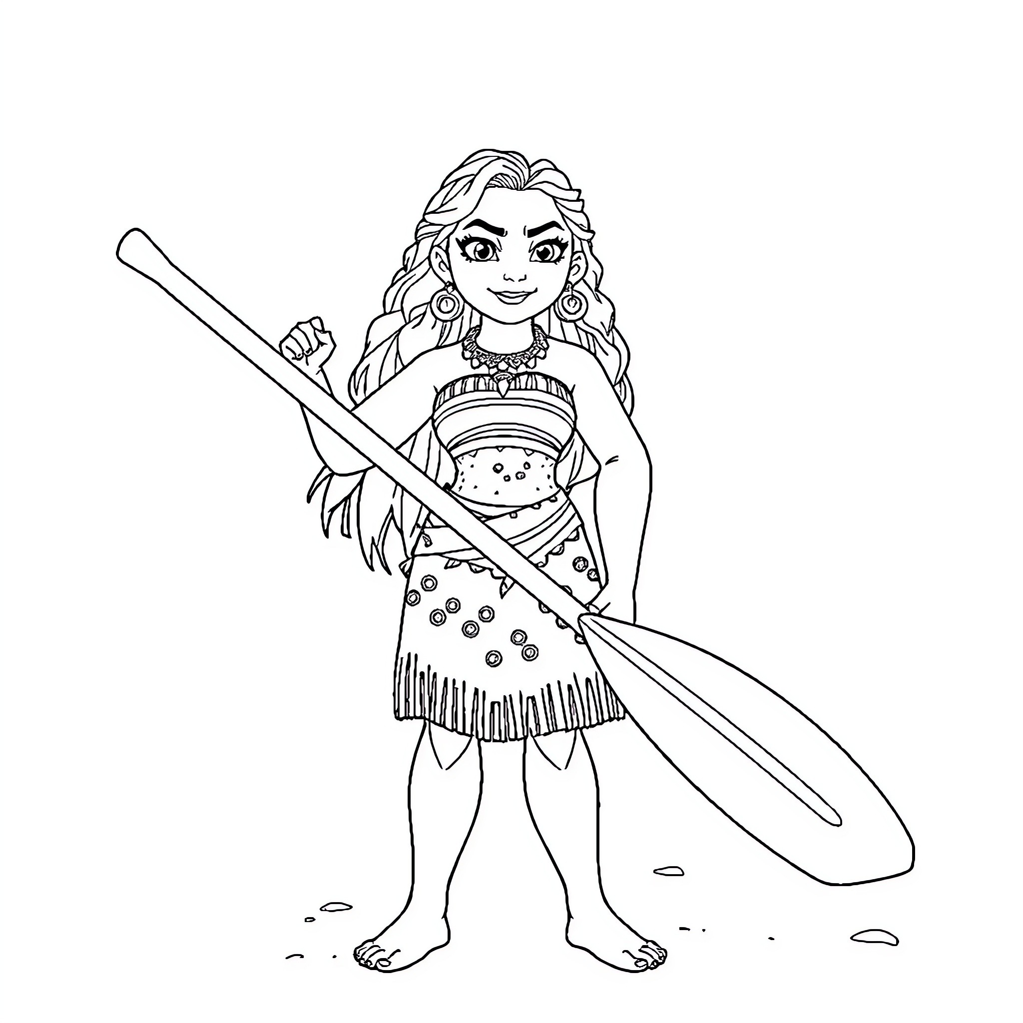 Moana exploring the ocean with determination Coloring Page (free black-and-white line drawing printable PDF for all, from beginners to advanced learners, including children, teens, adults, and seniors)