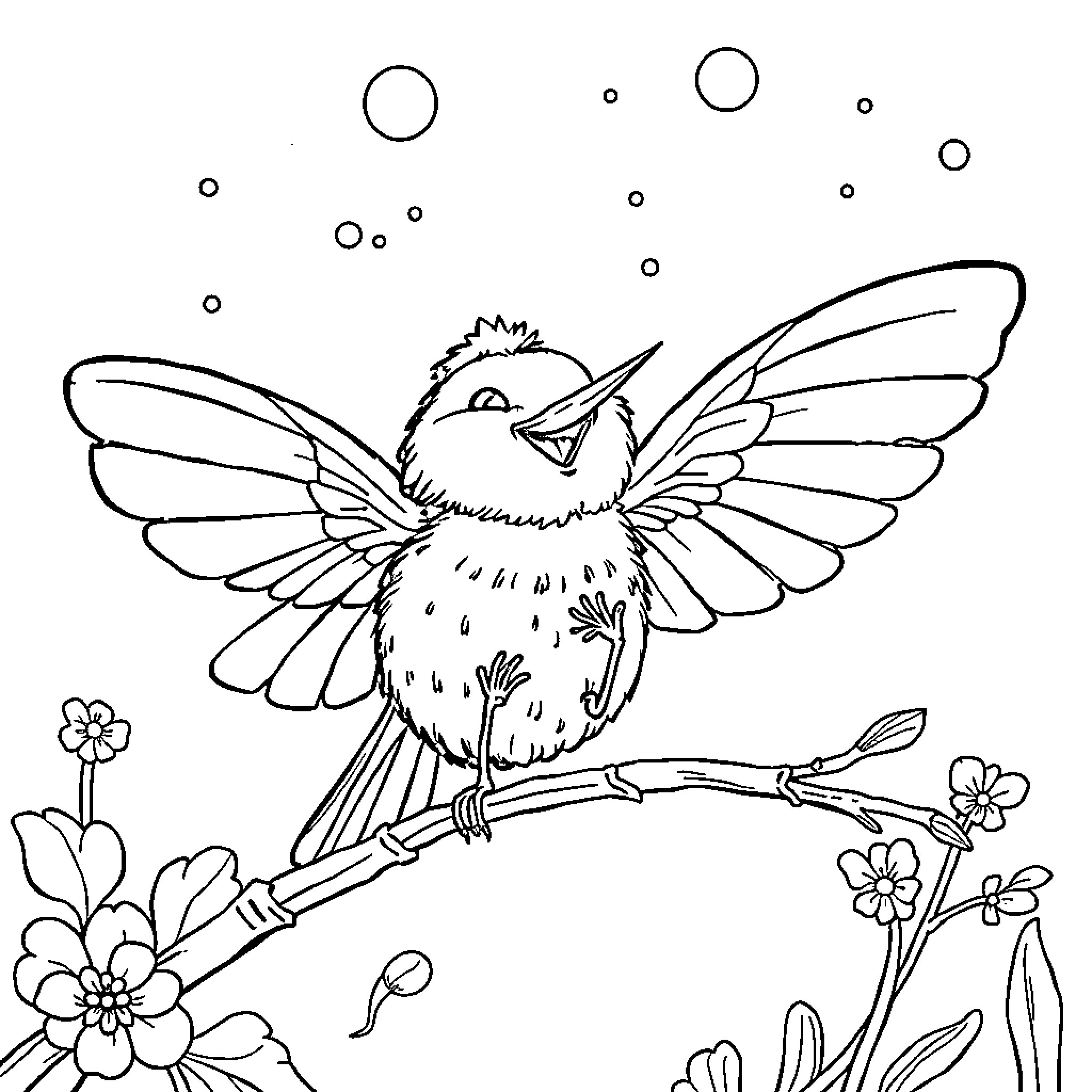 Pumpkin bird resting on flower branch Coloring Page (free black-and-white line drawing printable PDF for all, from beginners to advanced learners, including children, teens, adults, and seniors)