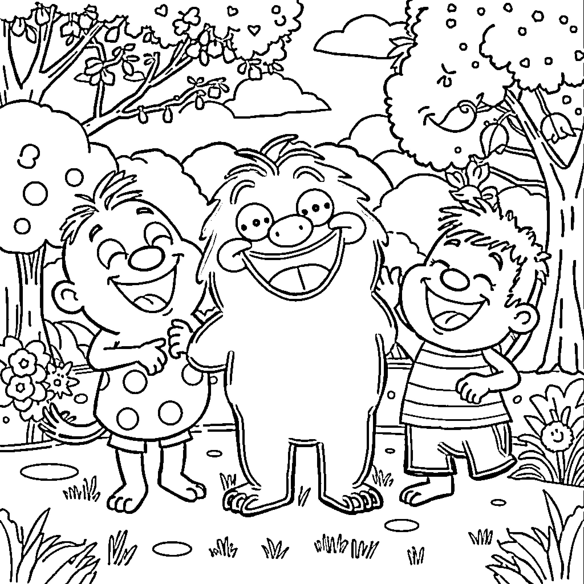 Plim Plim Monsters Enjoying the Outdoors Coloring Page (free black-and-white line drawing printable PDF for all, from beginners to advanced learners, including children, teens, adults, and seniors)