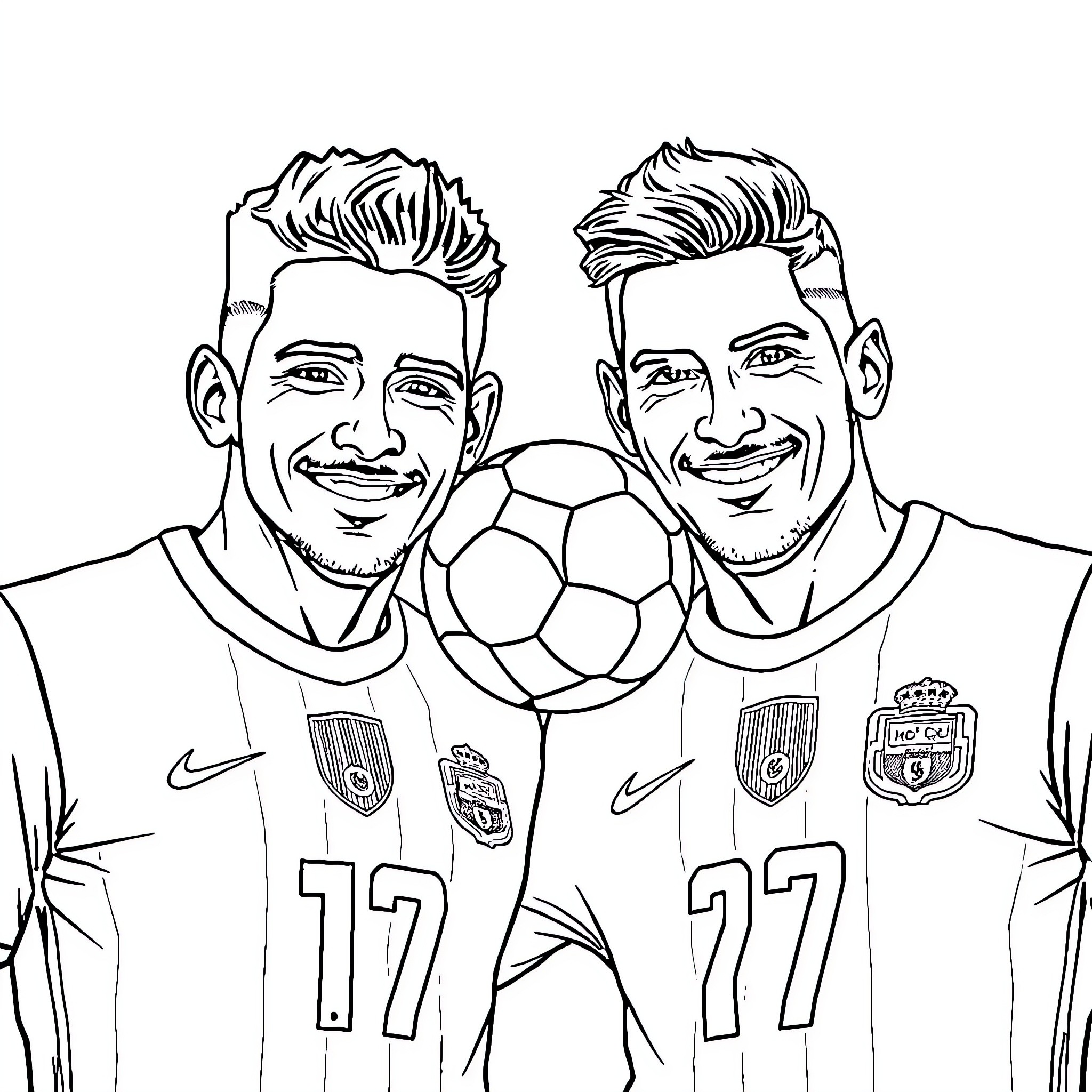 Soccer Players Celebrating Together on the Field Coloring Page (free black-and-white line drawing printable PDF for all, from beginners to advanced learners, including children, teens, adults, and seniors)