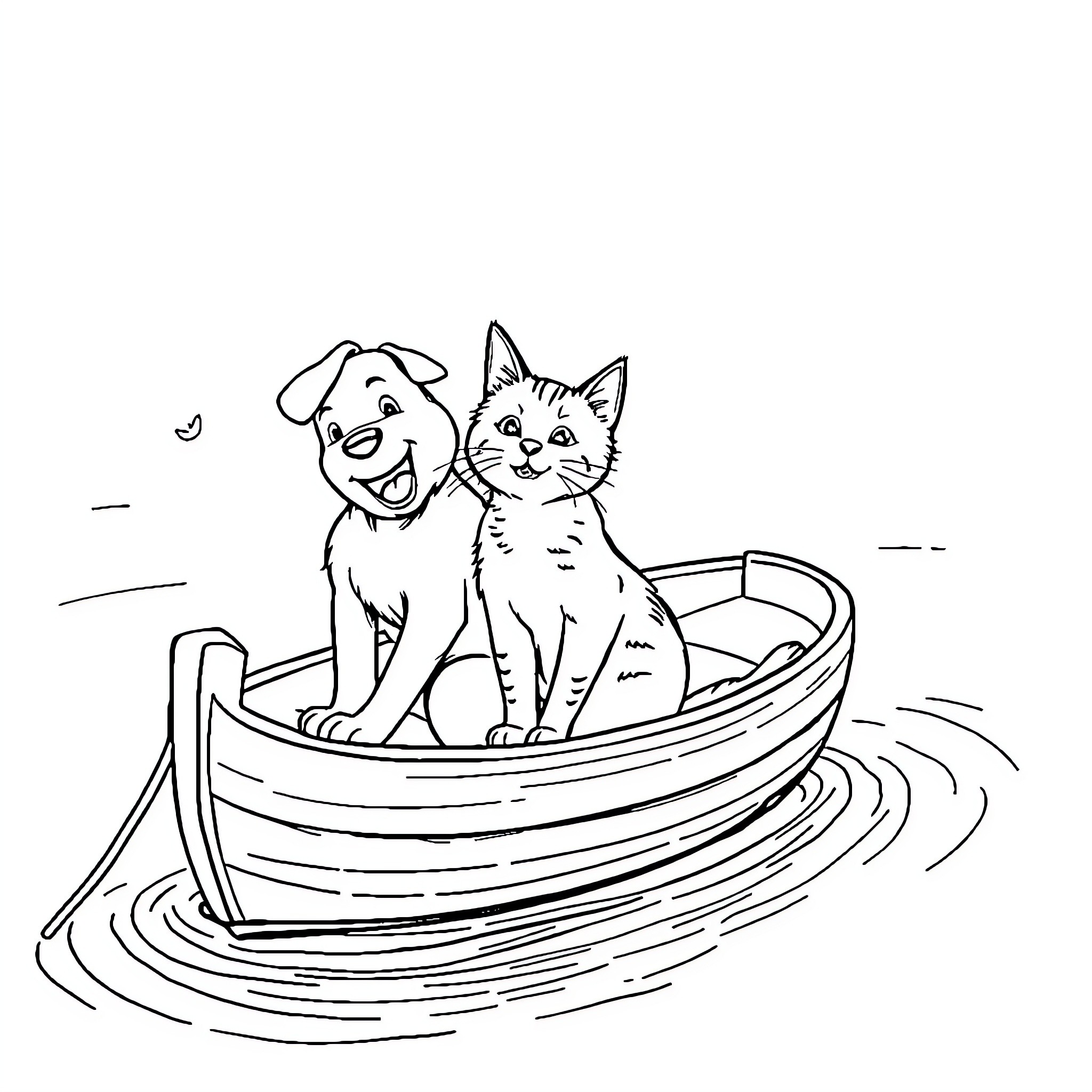 Dog and cat enjoying a boat ride Coloring Page (free black-and-white line drawing printable PDF for all, from beginners to advanced learners, including children, teens, adults, and seniors)