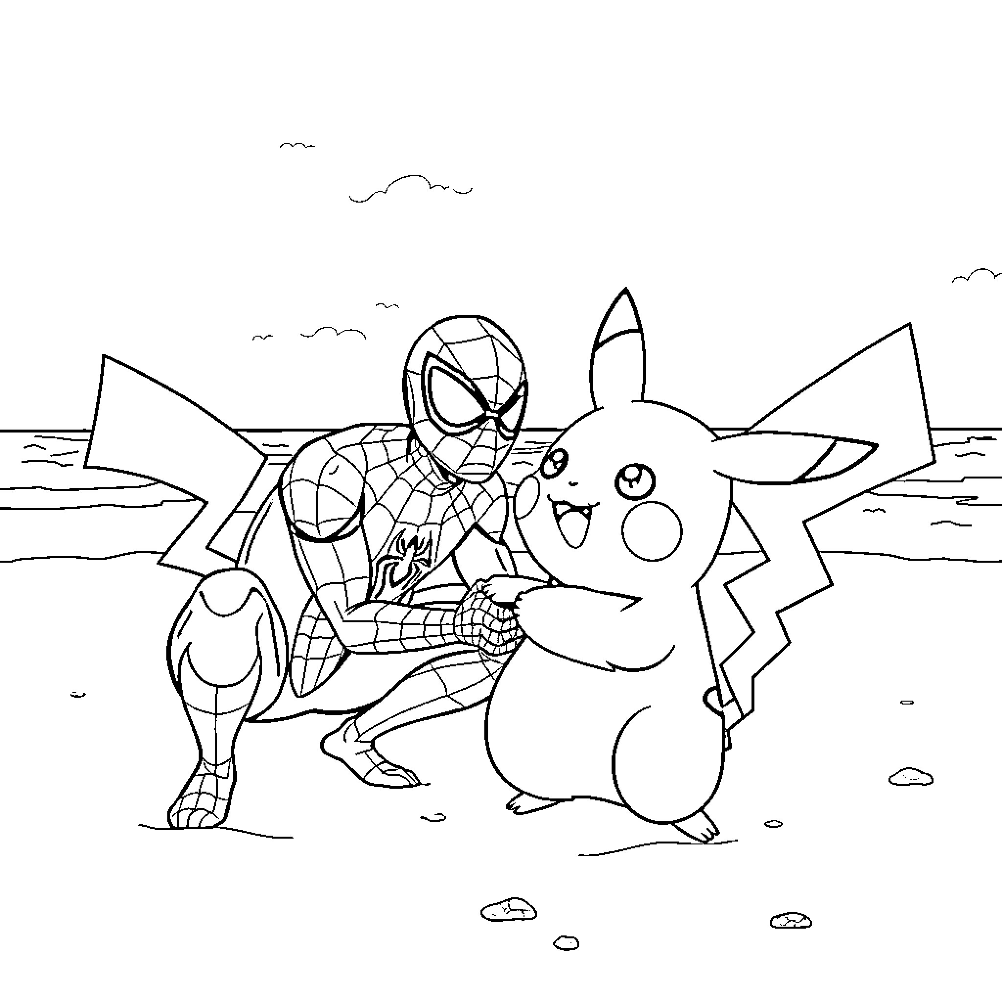 Pikachu and Spider-Man's Friendly Adventure Coloring Page (free black-and-white line drawing printable PDF for all, from beginners to advanced learners, including children, teens, adults, and seniors)