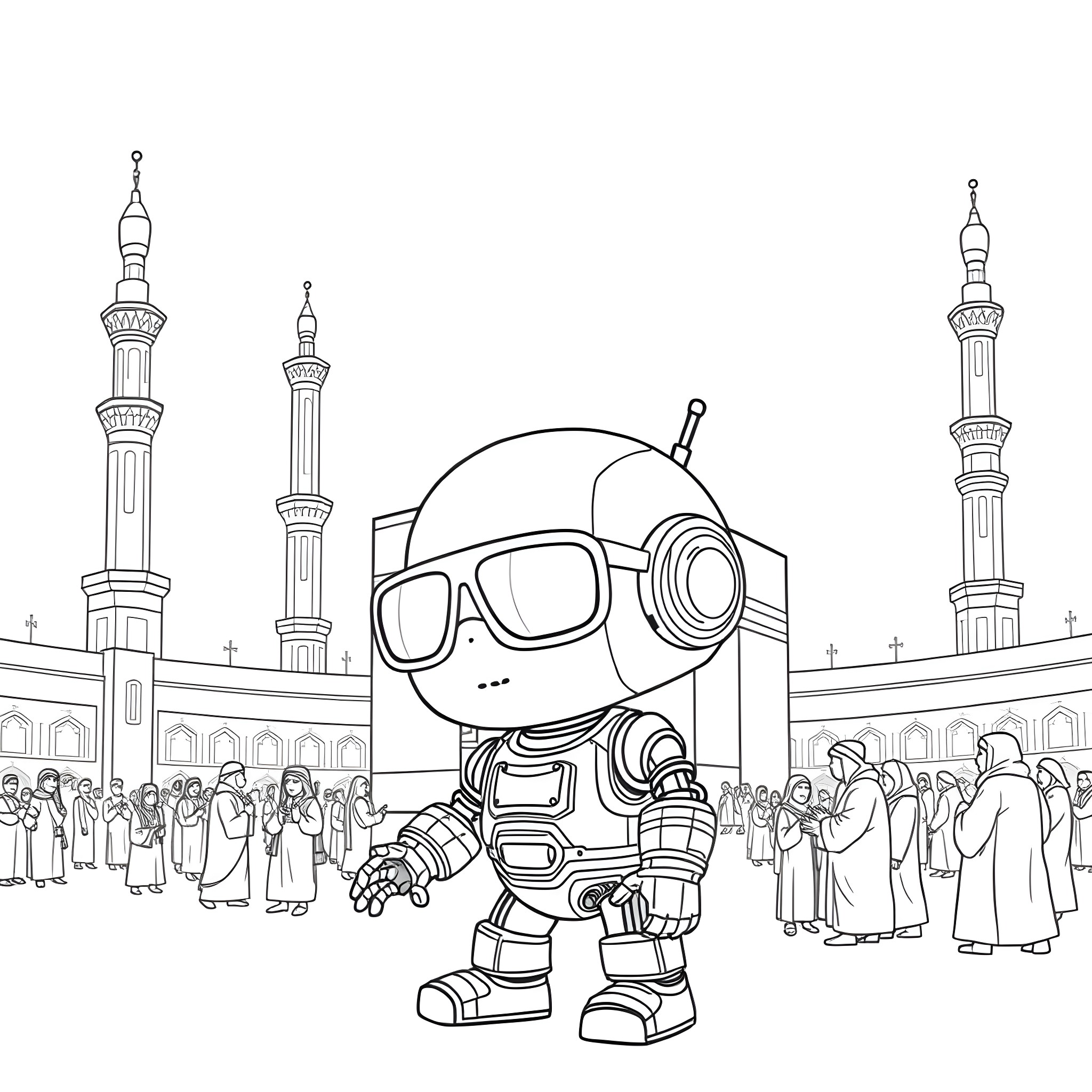 Robot exploring Islamic architecture and culture Coloring Page (free black-and-white line drawing printable PDF for all, from beginners to advanced learners, including children, teens, adults, and seniors)