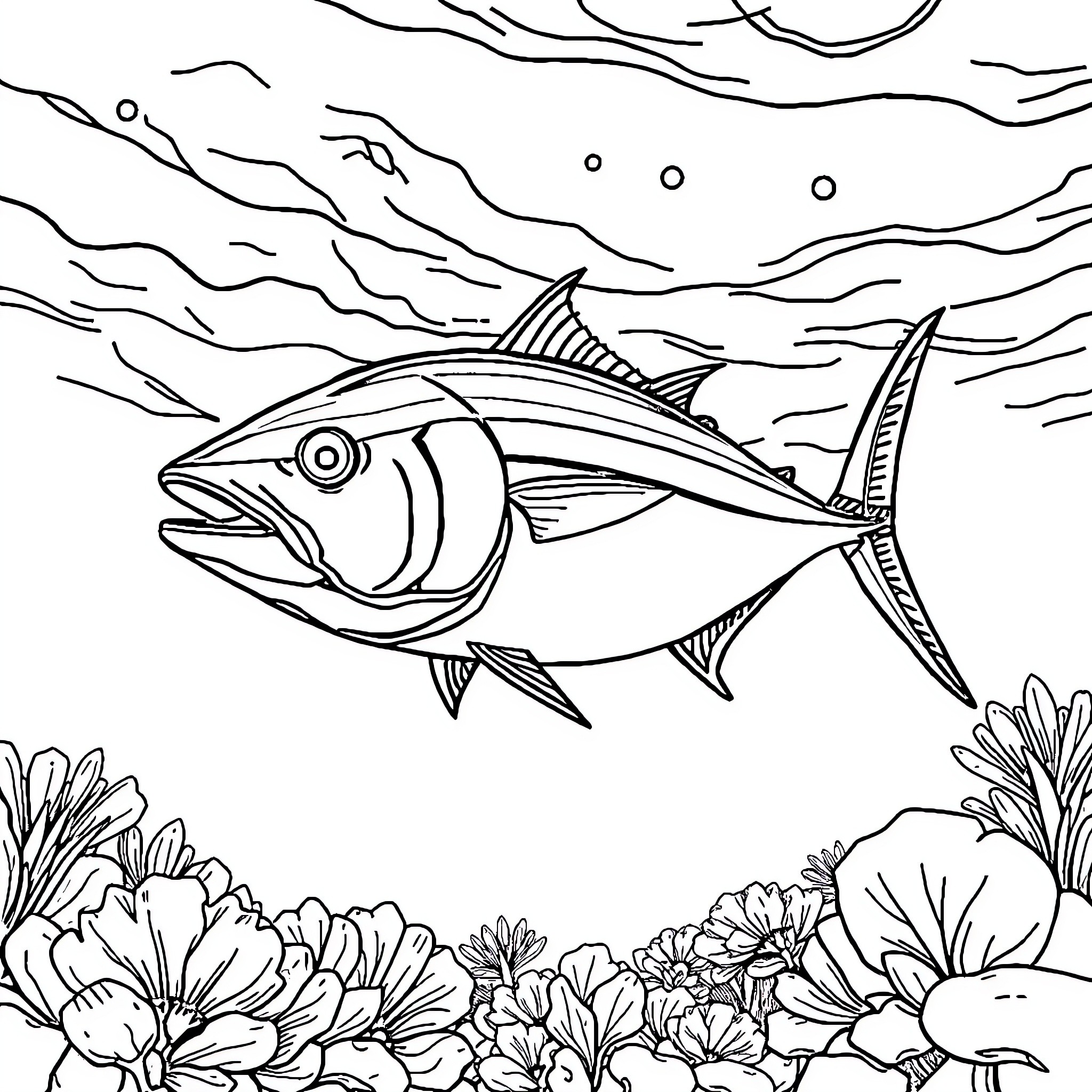 Tuna swimming among coral reef Coloring Page (free black-and-white line drawing printable PDF for all, from beginners to advanced learners, including children, teens, adults, and seniors)