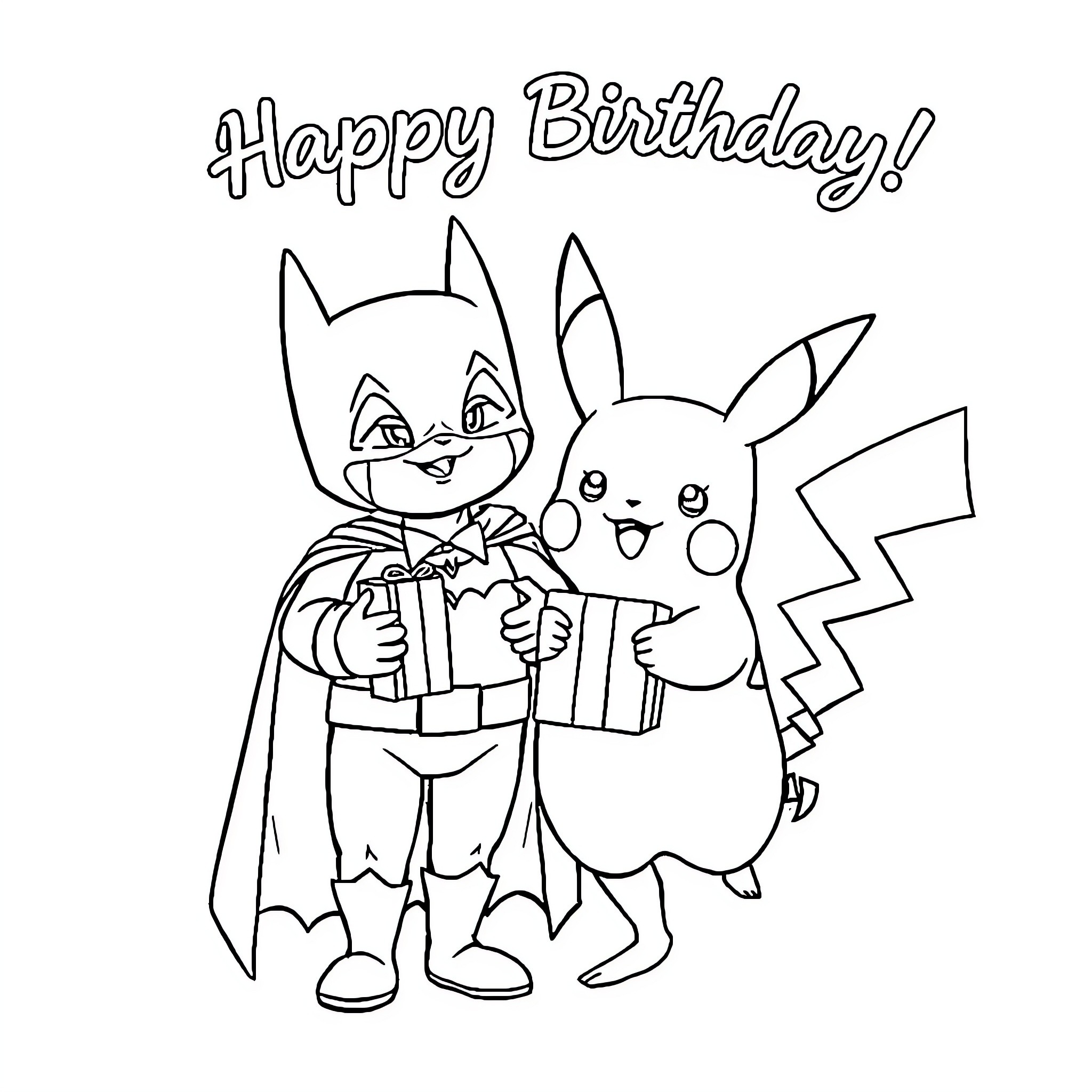 Batman and Pikachu celebrate Happy Birthday Coloring Page (free black-and-white line drawing printable PDF for all, from beginners to advanced learners, including children, teens, adults, and seniors)