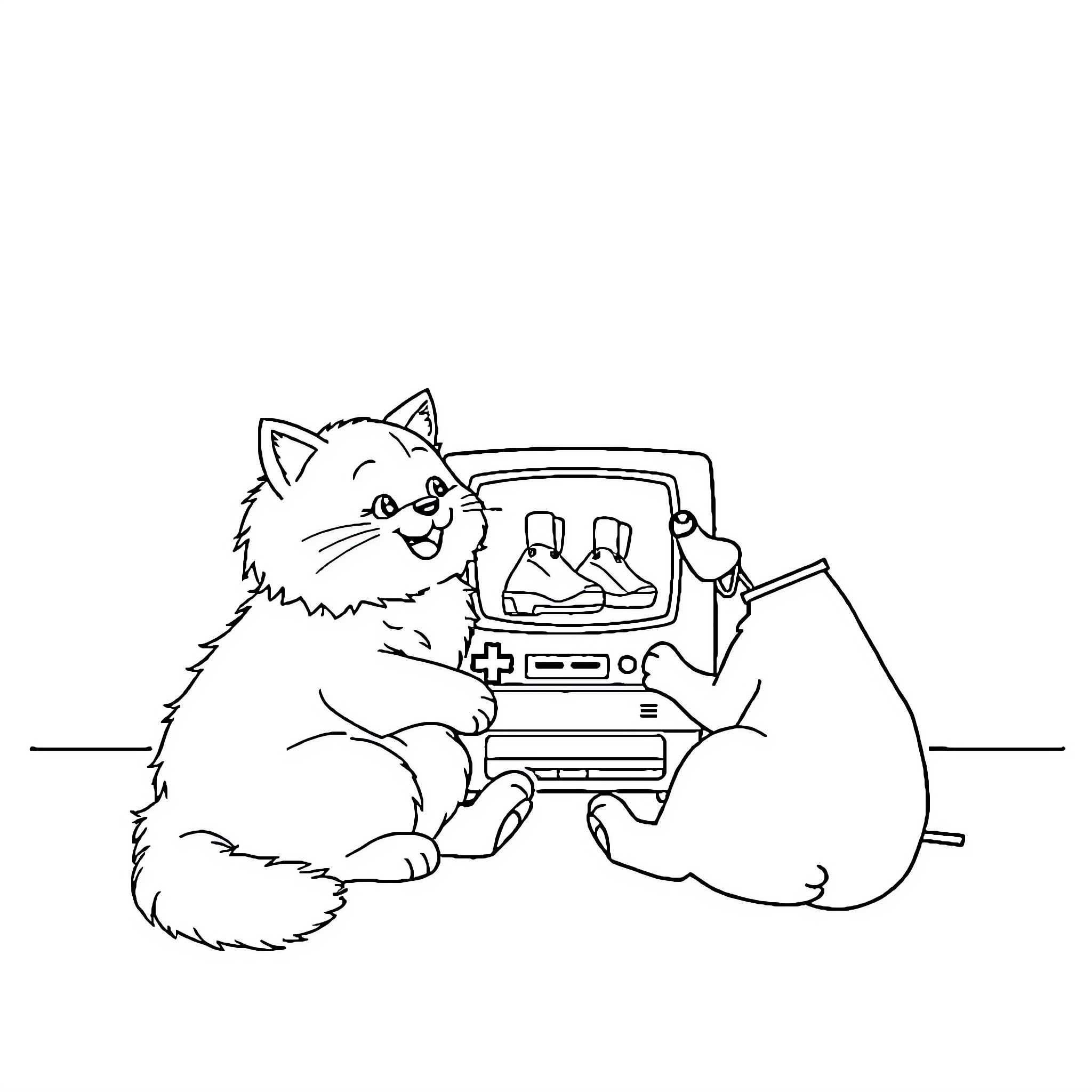 Cat playing with video game console Coloring Page (free black-and-white line drawing printable PDF for all, from beginners to advanced learners, including children, teens, adults, and seniors)