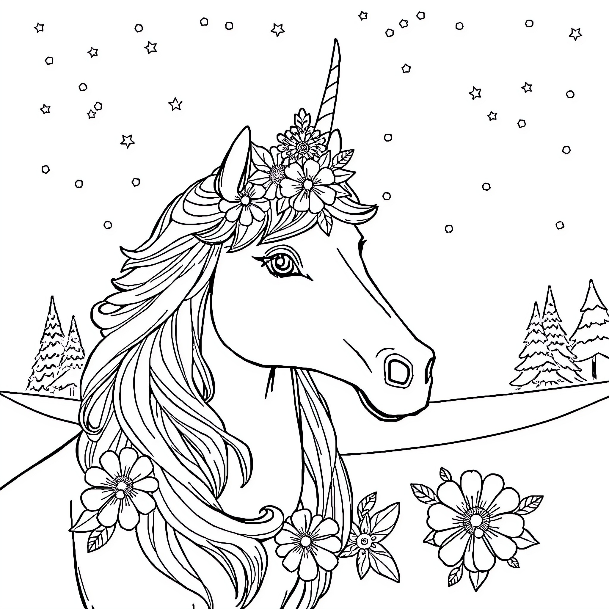 Queen Unicorn adorned with flowers in a winter wonderland Coloring Page (free black-and-white line drawing printable PDF for all, from beginners to advanced learners, including children, teens, adults, and seniors)