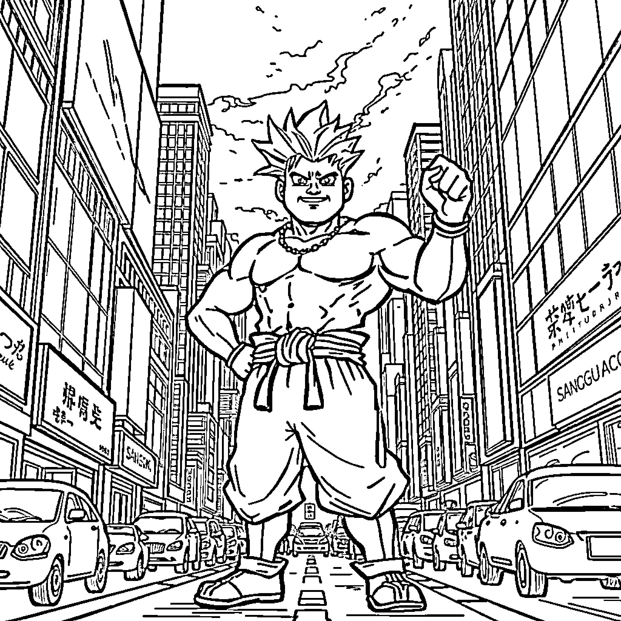 Sangoku's Heroic Stance in the City Skyline Coloring Page (free black-and-white line drawing printable PDF for all, from beginners to advanced learners, including children, teens, adults, and seniors)