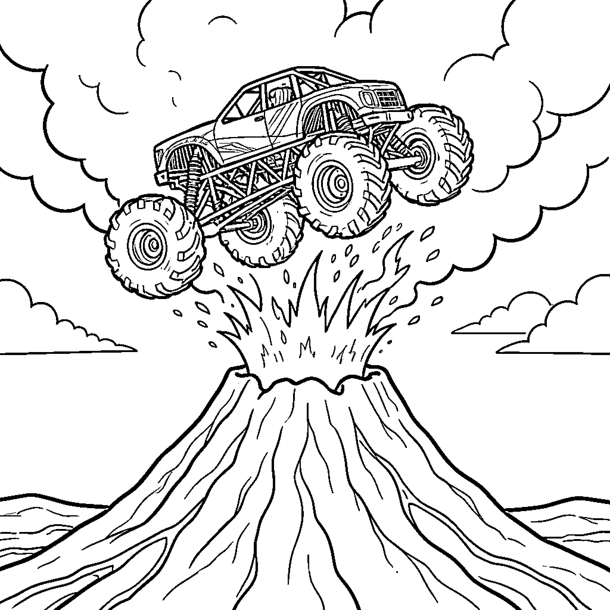 Monster Truck jumping over an erupting volcano Coloring Page (free black-and-white line drawing printable PDF for all, from beginners to advanced learners, including children, teens, adults, and seniors)