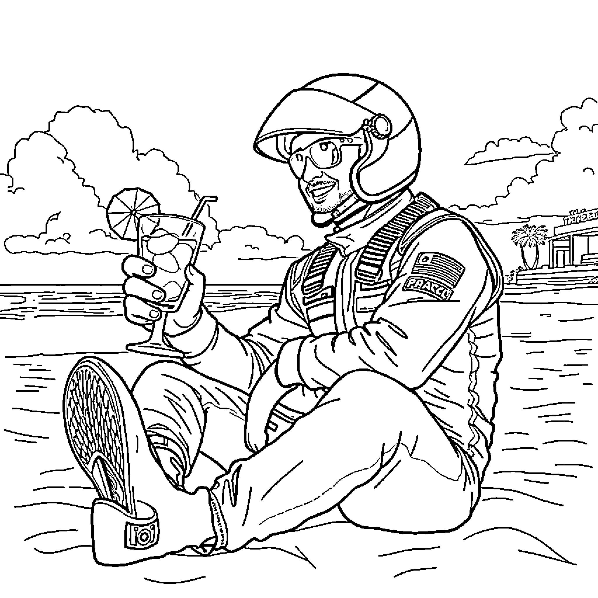 Racer enjoying outdoor adventure with sports equipment Coloring Page (free black-and-white line drawing printable PDF for all, from beginners to advanced learners, including children, teens, adults, and seniors)