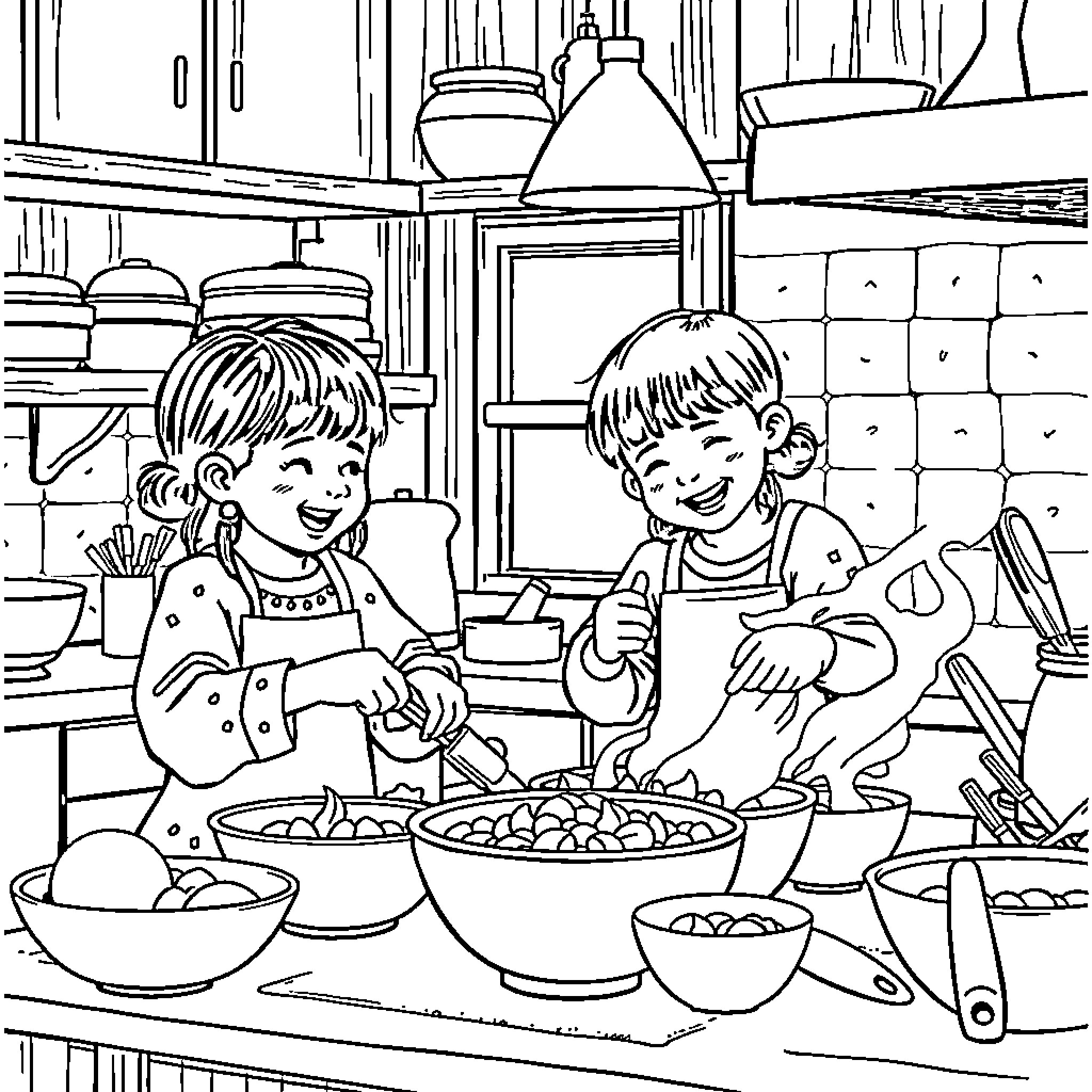 Métis Children Helping in the Kitchen Coloring Page (free black-and-white line drawing printable PDF for all, from beginners to advanced learners, including children, teens, adults, and seniors)