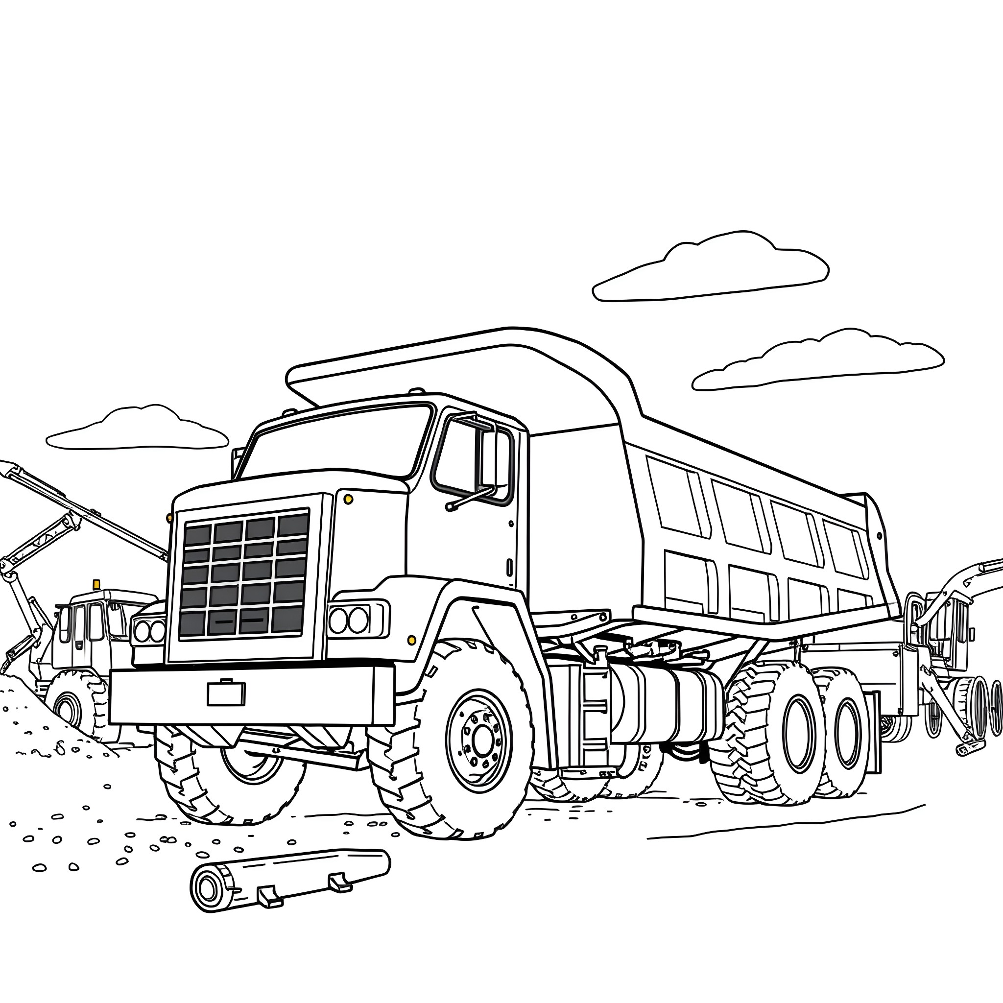 Dump Truck Transporting Heavy Load on Construction Site Coloring Page (free black-and-white line drawing printable PDF for all, from beginners to advanced learners, including children, teens, adults, and seniors)