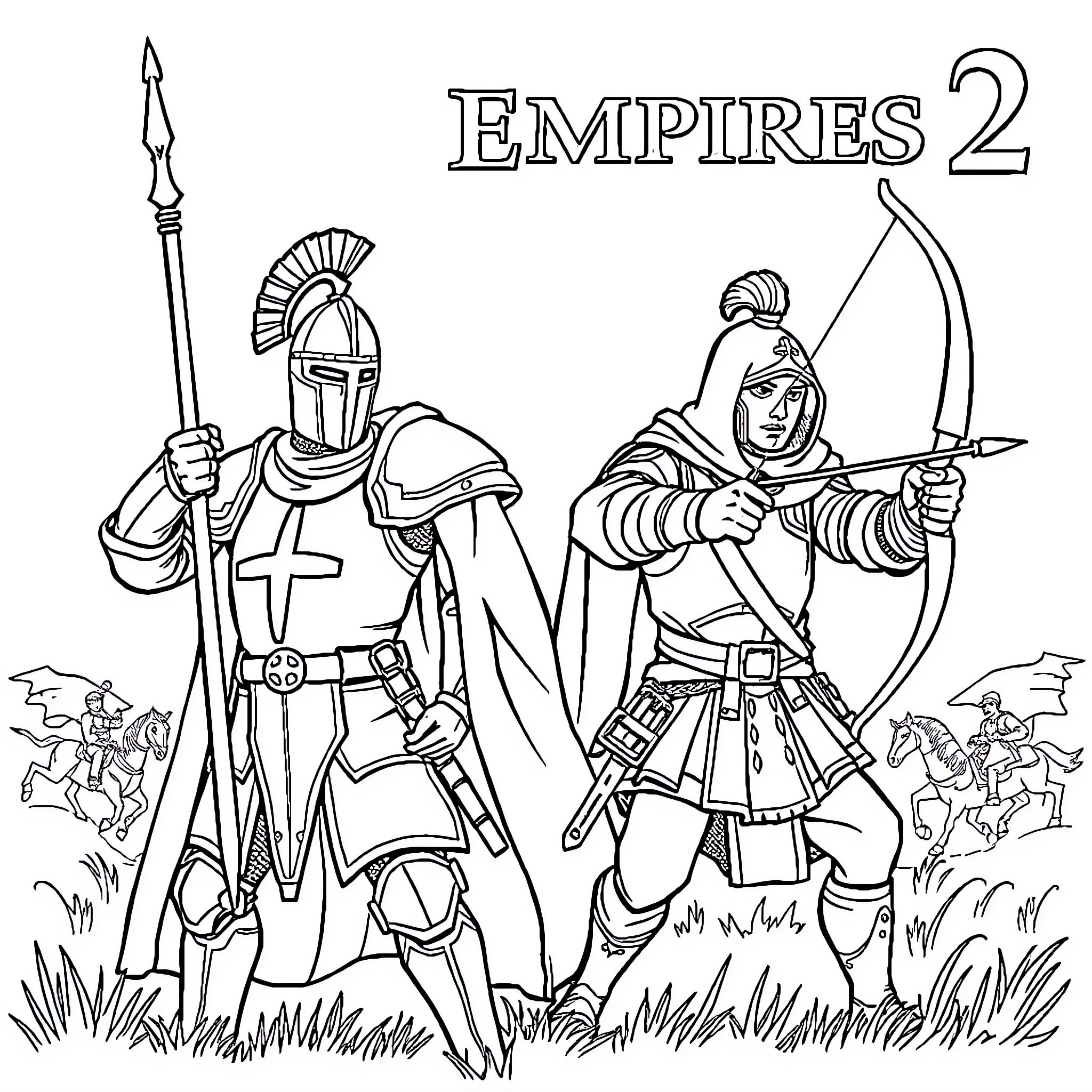 Unit of Armored Soldiers and Archers in Battle Coloring Page (free black-and-white line drawing printable PDF for all, from beginners to advanced learners, including children, teens, adults, and seniors)