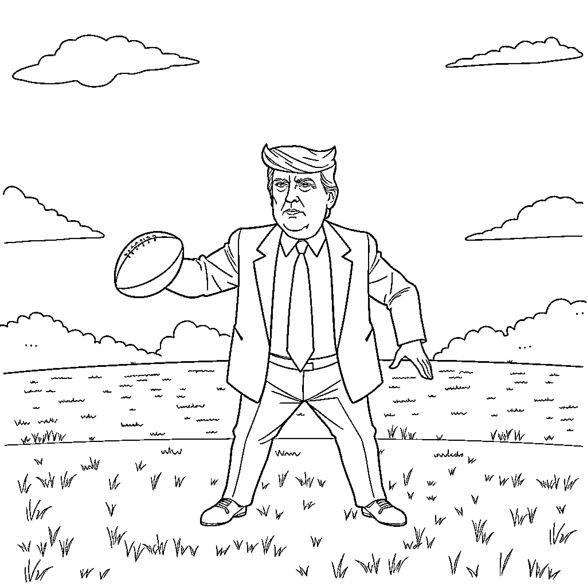Donald Trump playing American football in a field Coloring Page (free black-and-white line drawing printable PDF for all, from beginners to advanced learners, including children, teens, adults, and seniors)