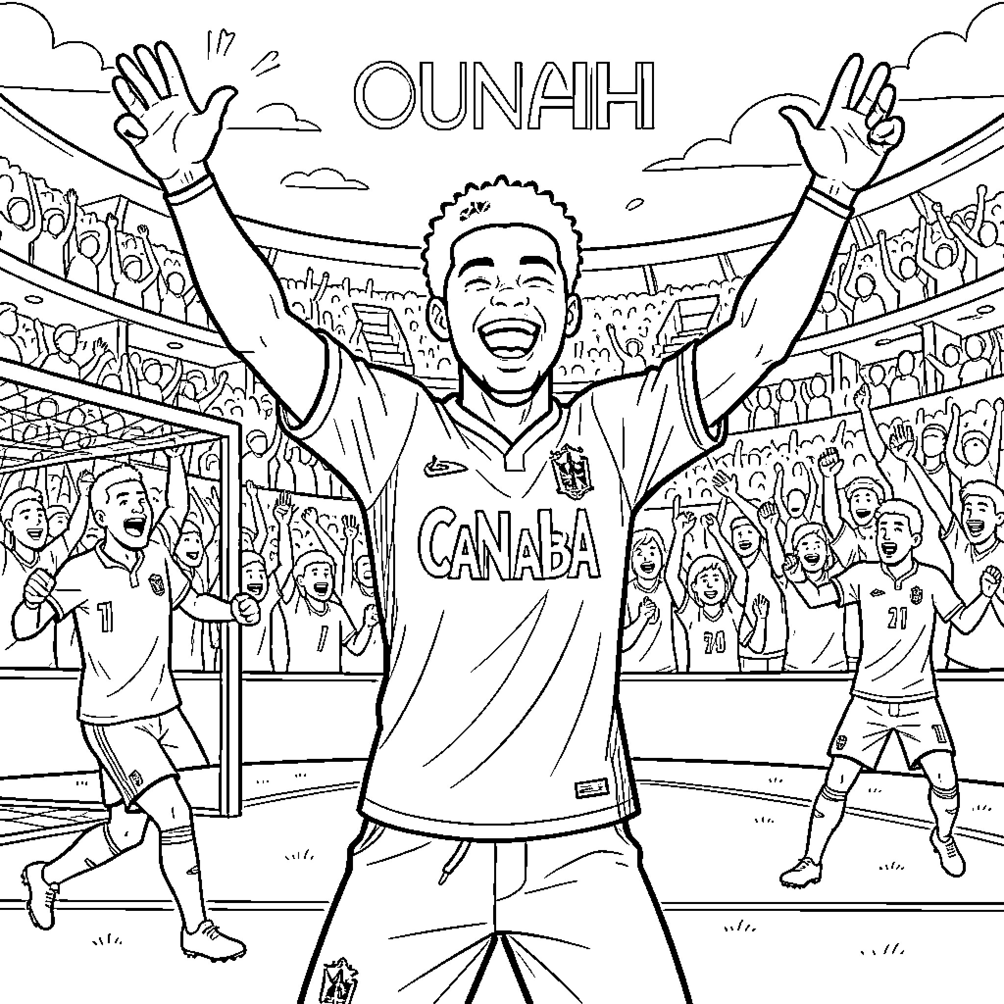 Ounahi celebrating joyfully in front of a cheering crowd Coloring Page (free black-and-white line drawing printable PDF for all, from beginners to advanced learners, including children, teens, adults, and seniors)