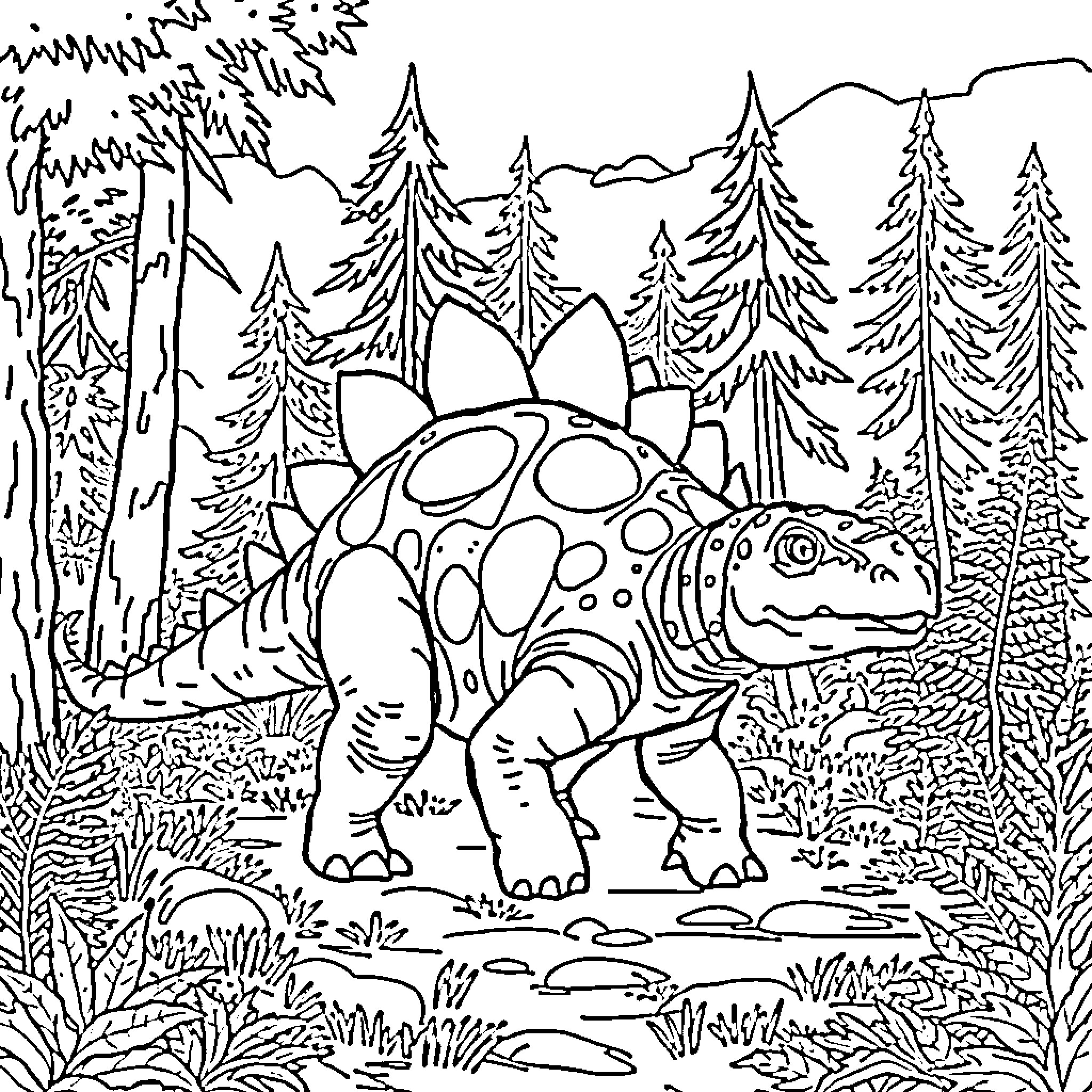Ankylosaurus exploring the forest landscape Coloring Page (free black-and-white line drawing printable PDF for all, from beginners to advanced learners, including children, teens, adults, and seniors)