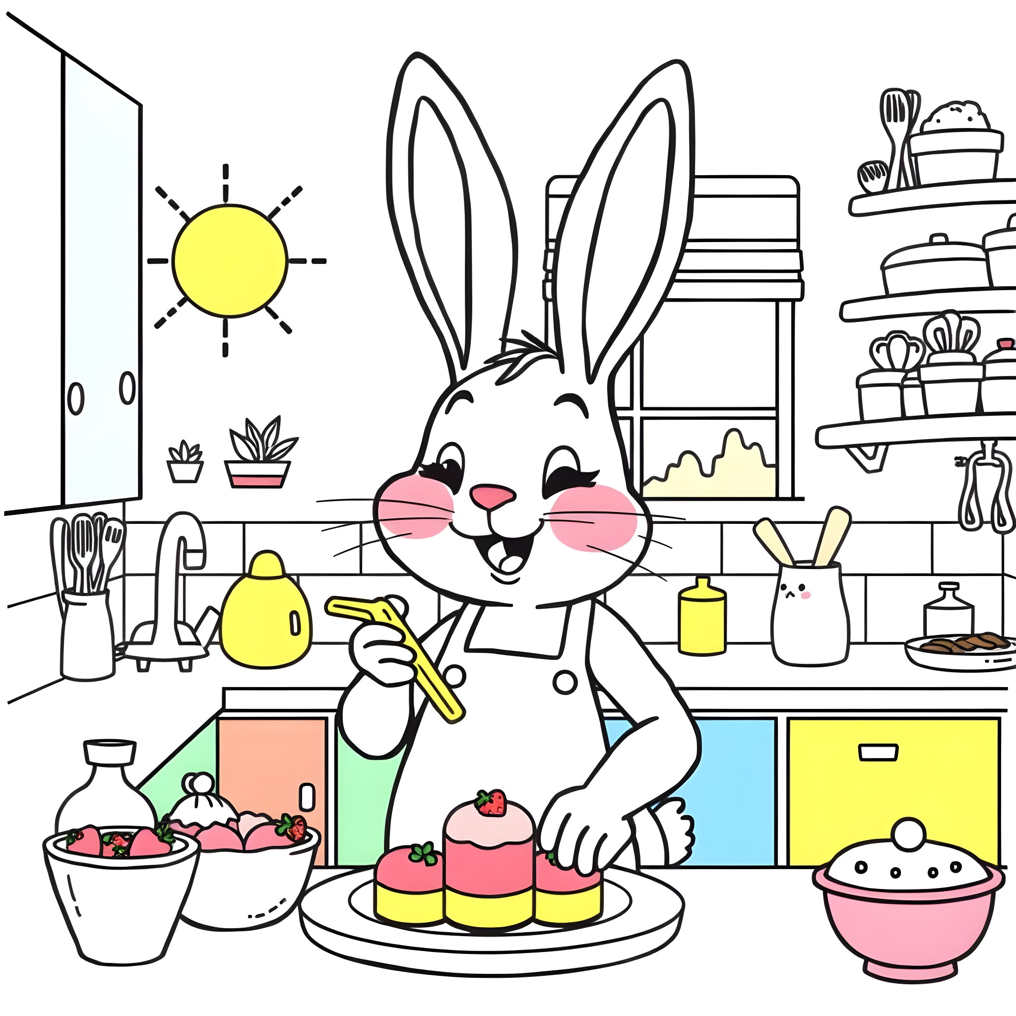 Bunny chef cooking delicious treats in the kitchen Coloring Page (free black-and-white line drawing printable PDF for all, from beginners to advanced learners, including children, teens, adults, and seniors)