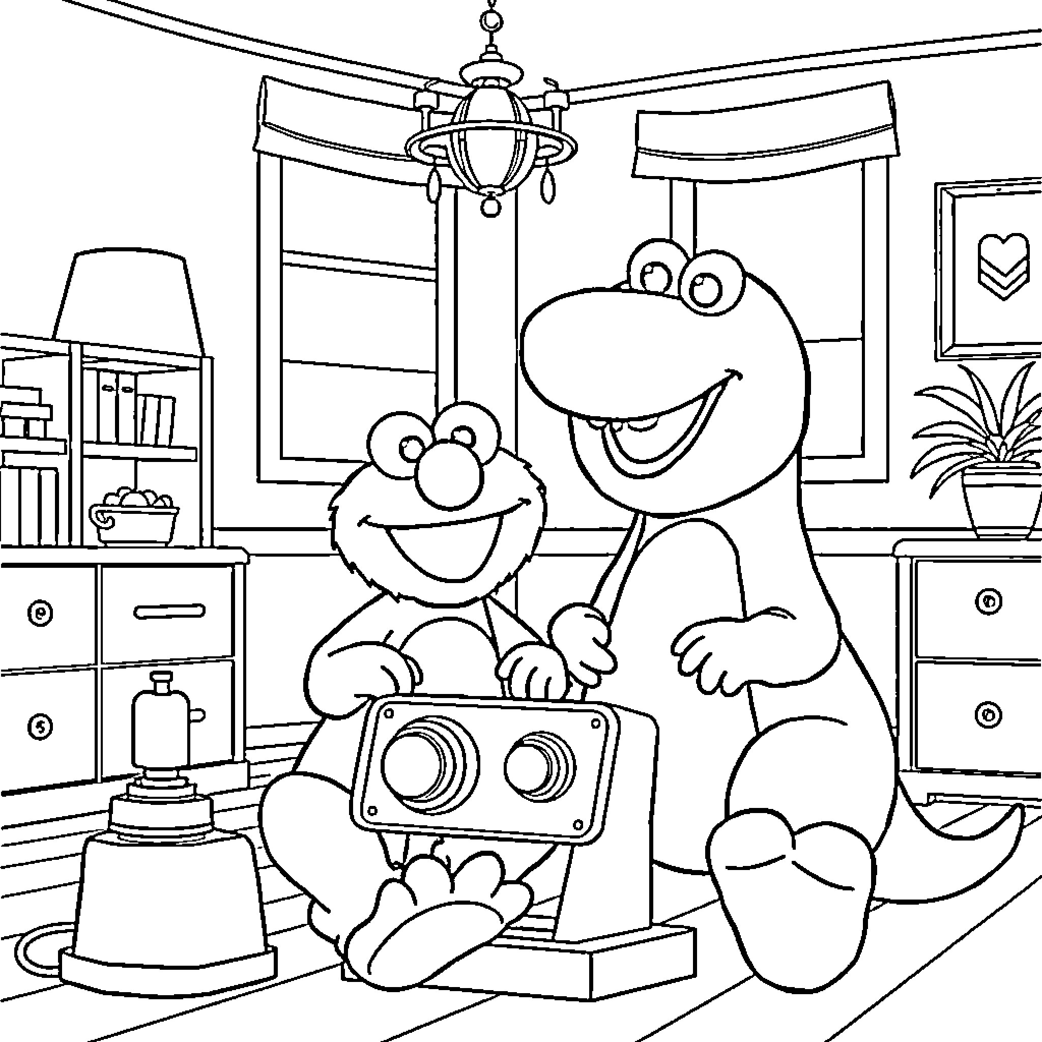 Elmo and Friends Playing with Electronics Coloring Page (free black-and-white line drawing printable PDF for all, from beginners to advanced learners, including children, teens, adults, and seniors)