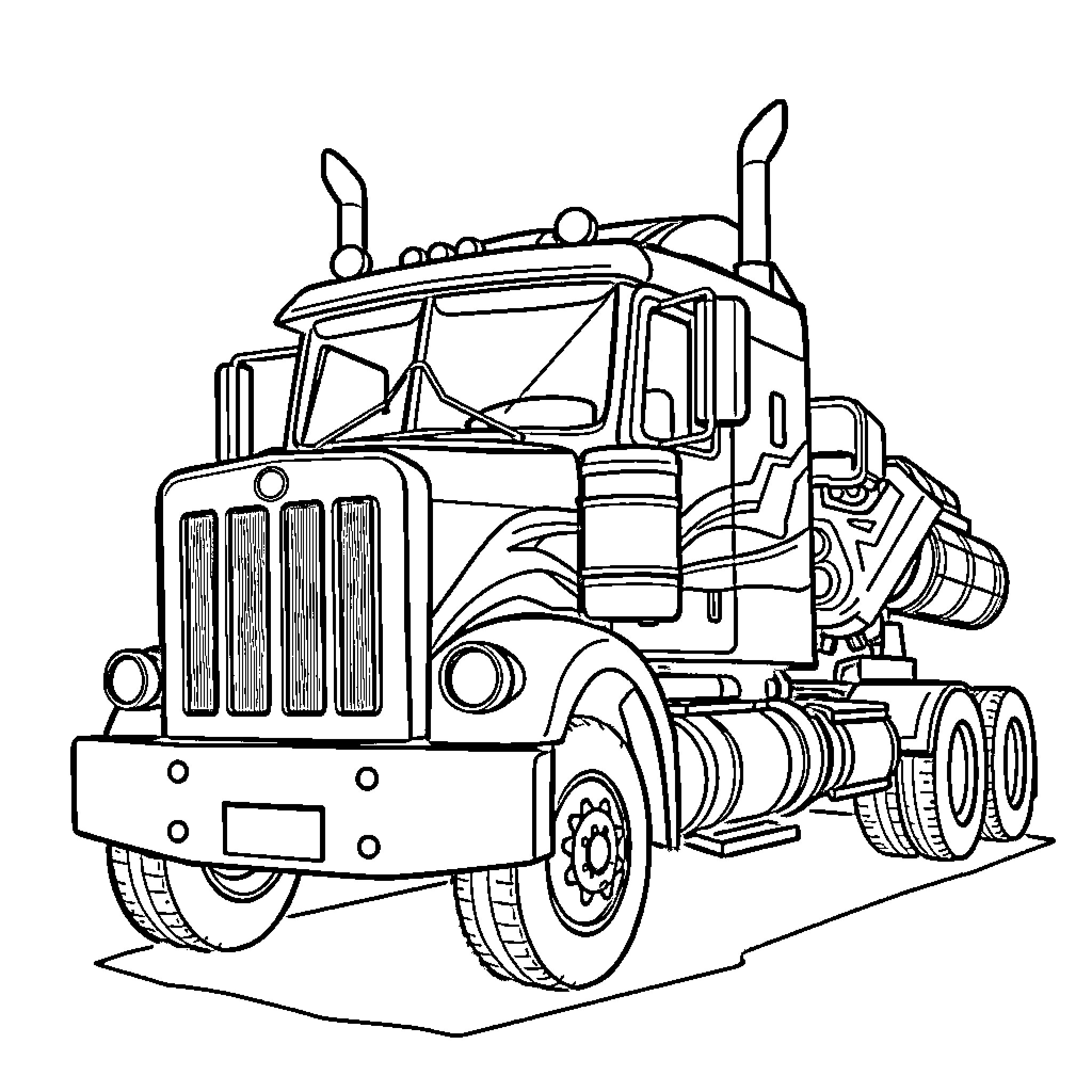 Truck carrying heavy duty cargo on the road Coloring Page (free black-and-white line drawing printable PDF for all, from beginners to advanced learners, including children, teens, adults, and seniors)