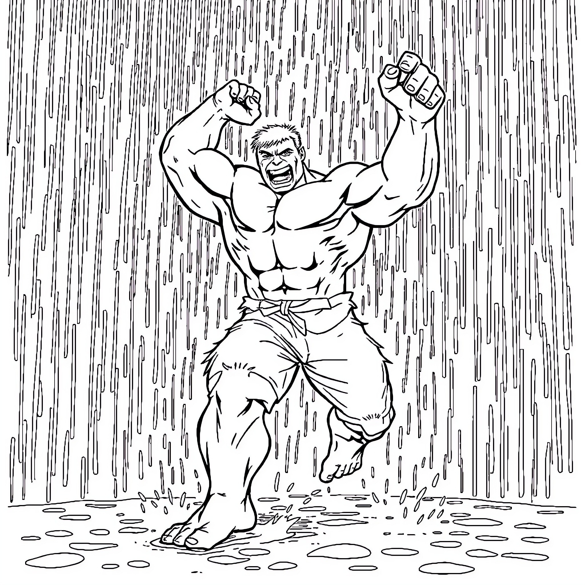 Hulk Unleashing Power in the Storm Coloring Page (free black-and-white line drawing printable PDF for all, from beginners to advanced learners, including children, teens, adults, and seniors)
