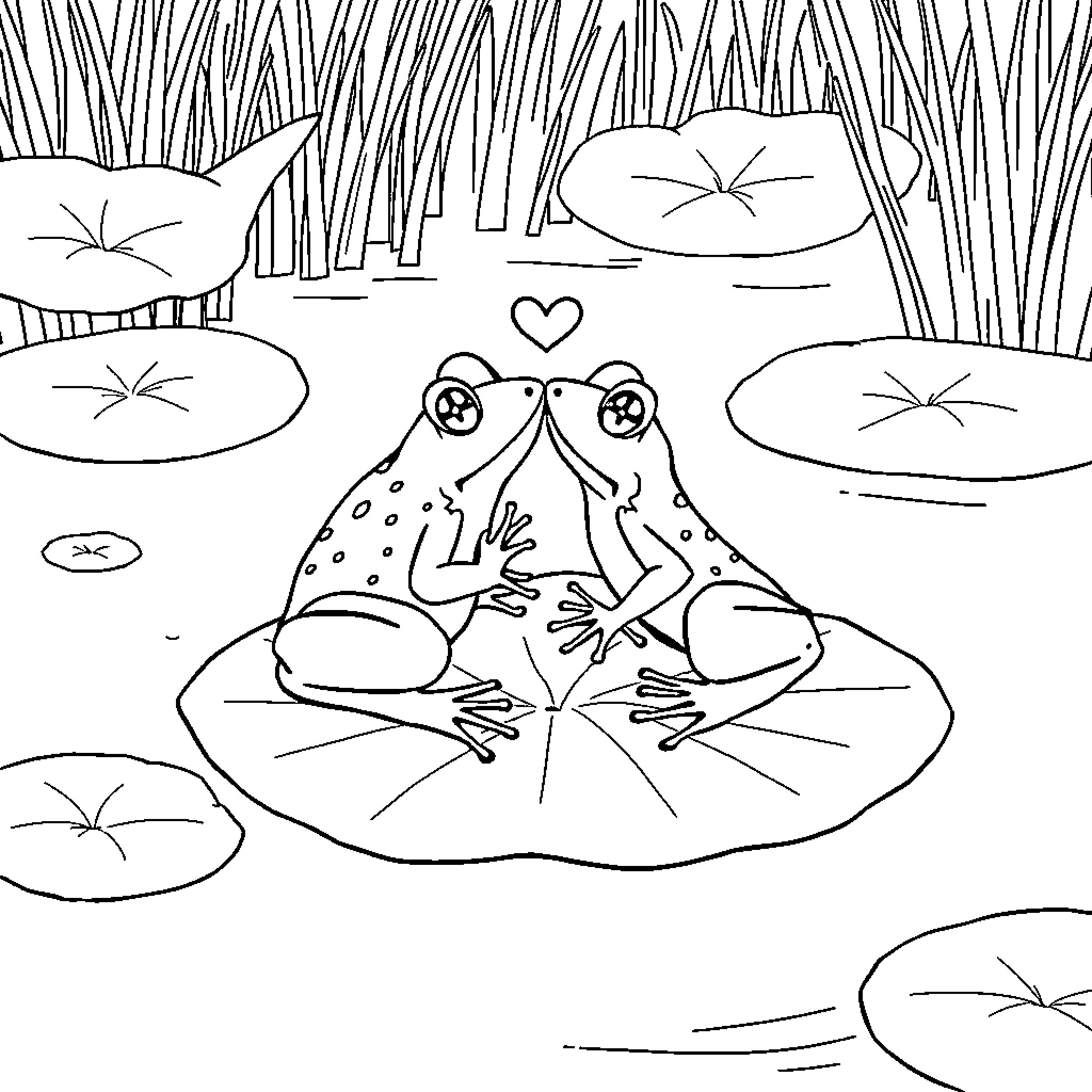 Frog enjoying a peaceful moment on lily pads Coloring Page (free black-and-white line drawing printable PDF for all, from beginners to advanced learners, including children, teens, adults, and seniors)