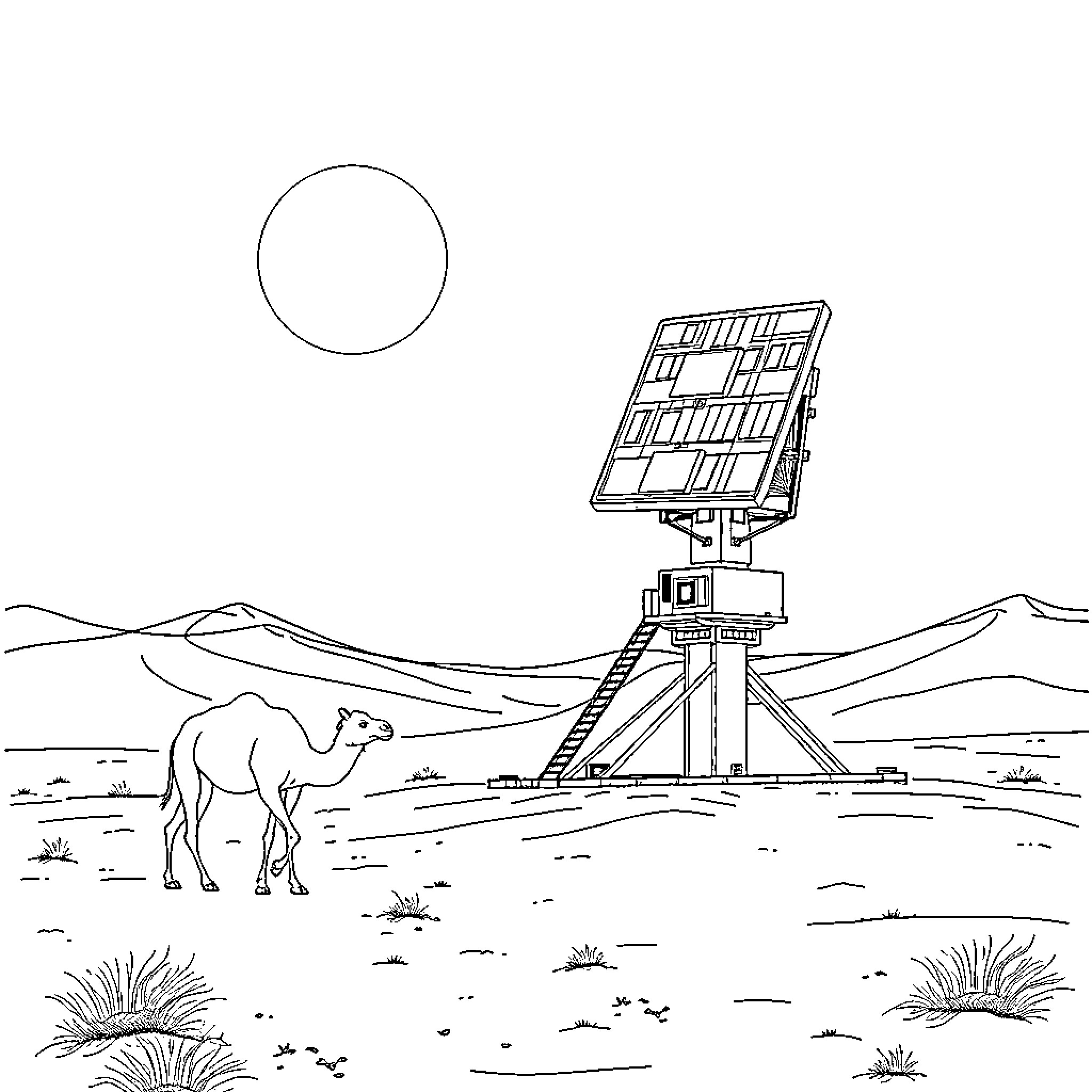Radar station in desert landscape with camel Coloring Page (free black-and-white line drawing printable PDF for all, from beginners to advanced learners, including children, teens, adults, and seniors)