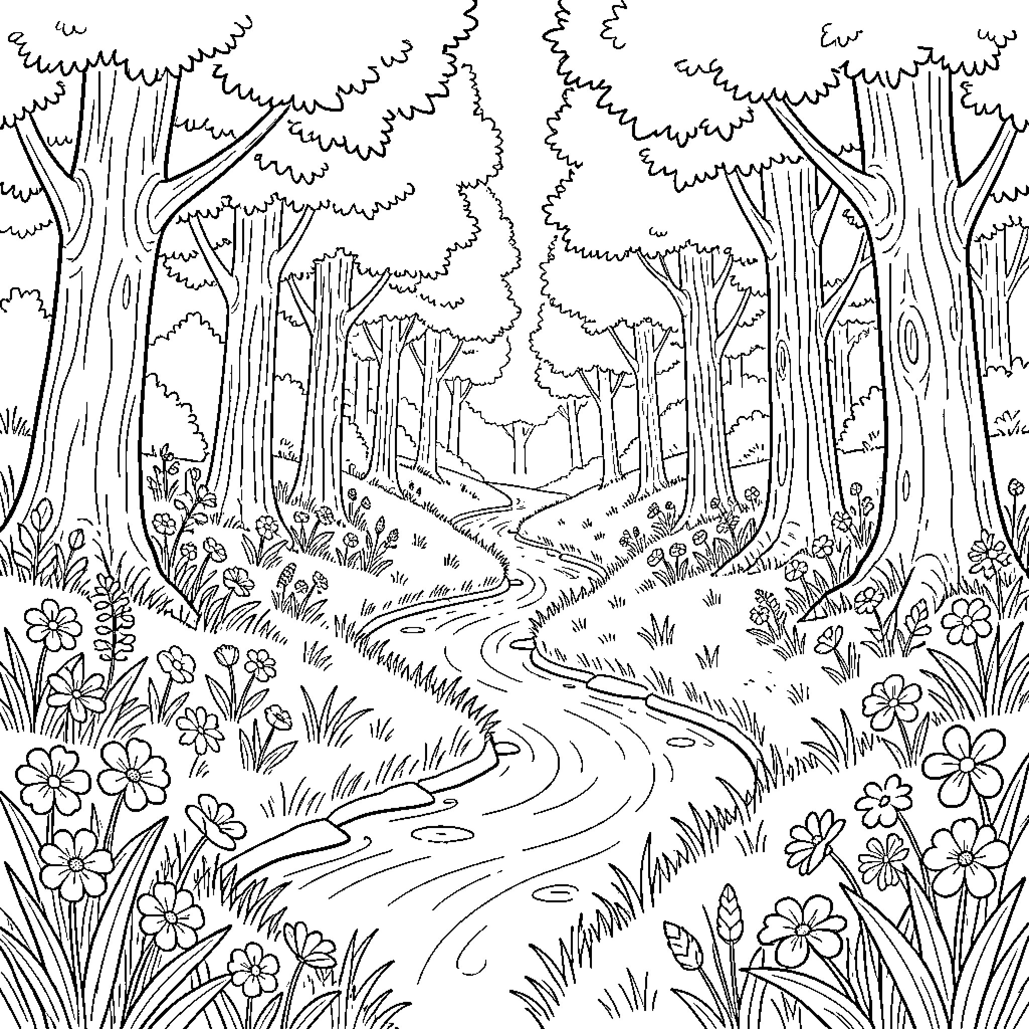 Nature's Enchanting Woodland Path Coloring Page (free black-and-white line drawing printable PDF for all, from beginners to advanced learners, including children, teens, adults, and seniors)