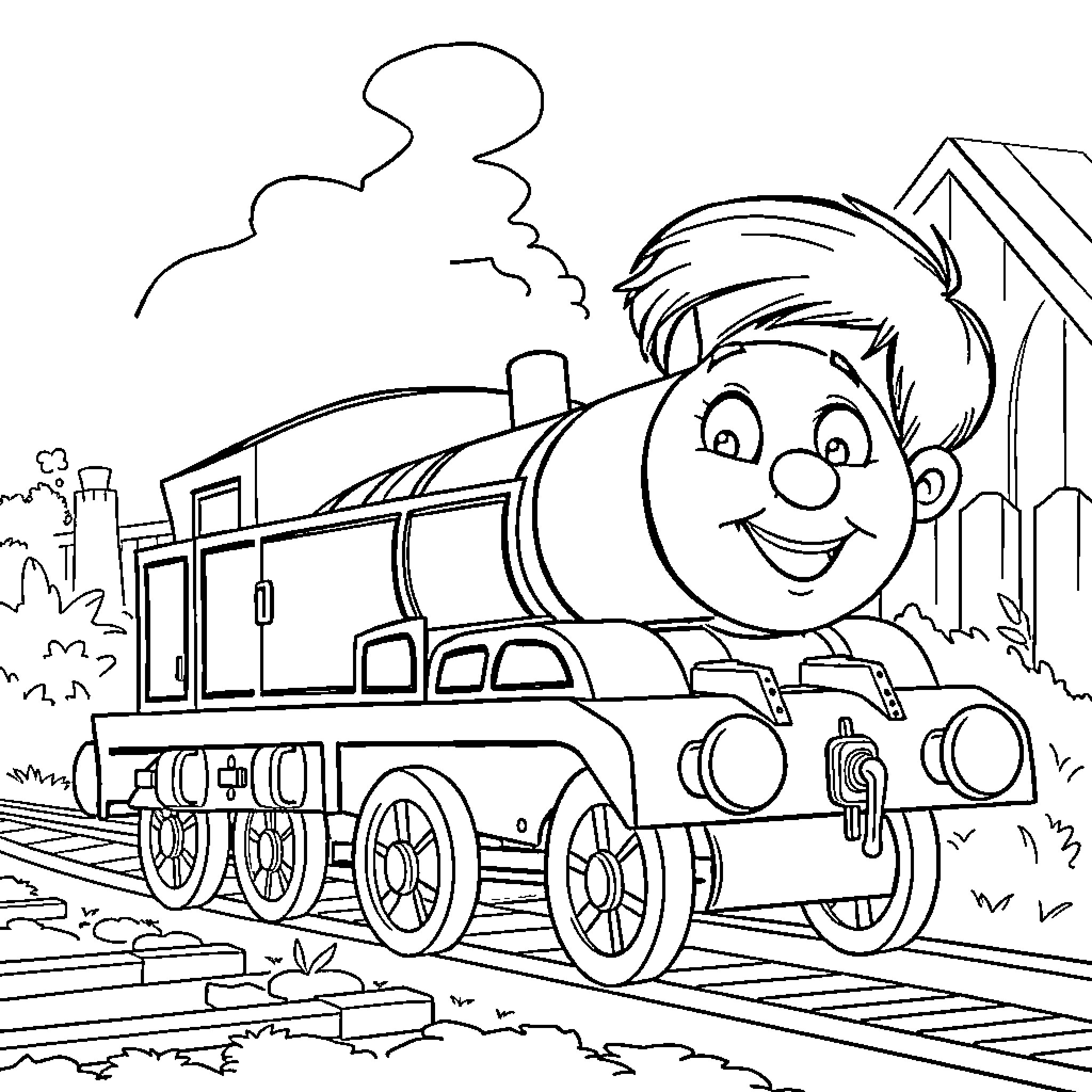 Boy smiling on a steam locomotive Coloring Page (free black-and-white line drawing printable PDF for all, from beginners to advanced learners, including children, teens, adults, and seniors)