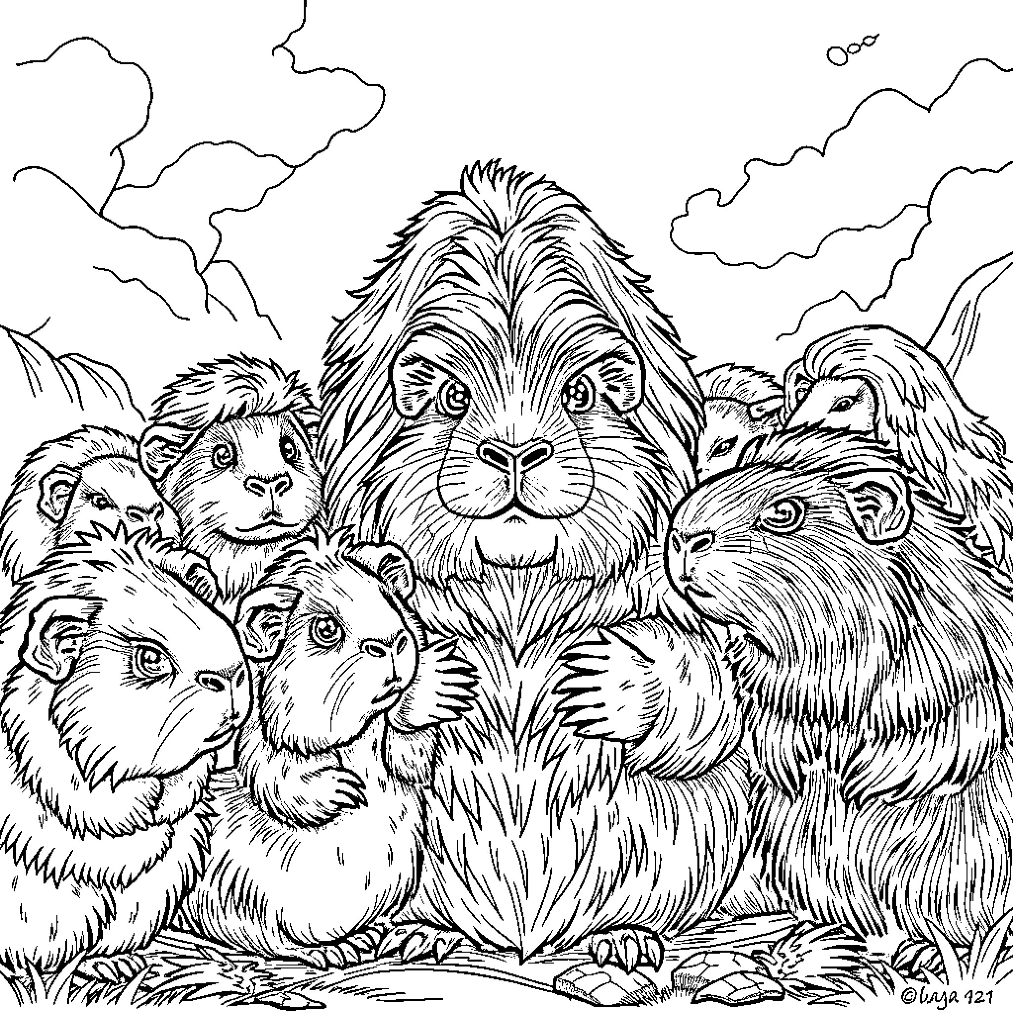 Guinea Pigs huddled together in the wild Coloring Page (free black-and-white line drawing printable PDF for all, from beginners to advanced learners, including children, teens, adults, and seniors)