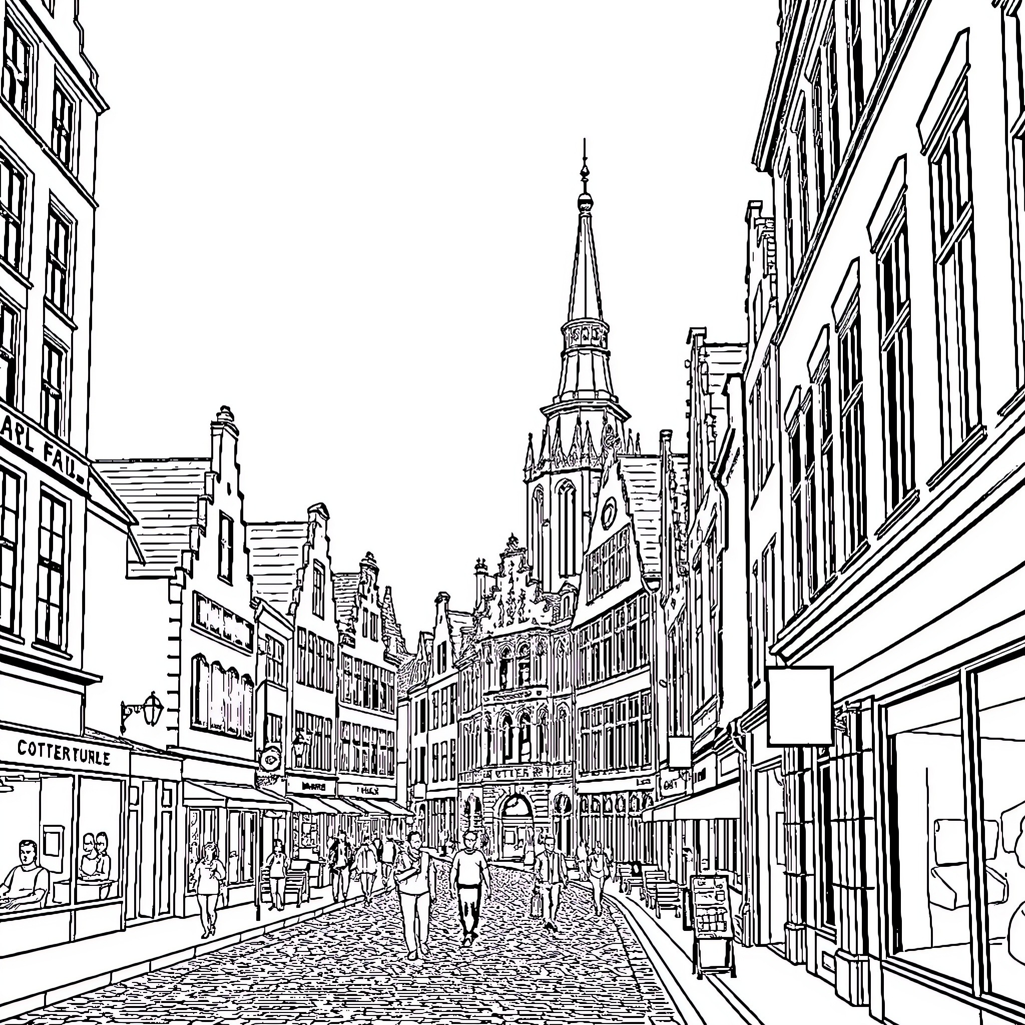 Kortrijk's historic architecture and bustling street scene Coloring Page (free black-and-white line drawing printable PDF for all, from beginners to advanced learners, including children, teens, adults, and seniors)