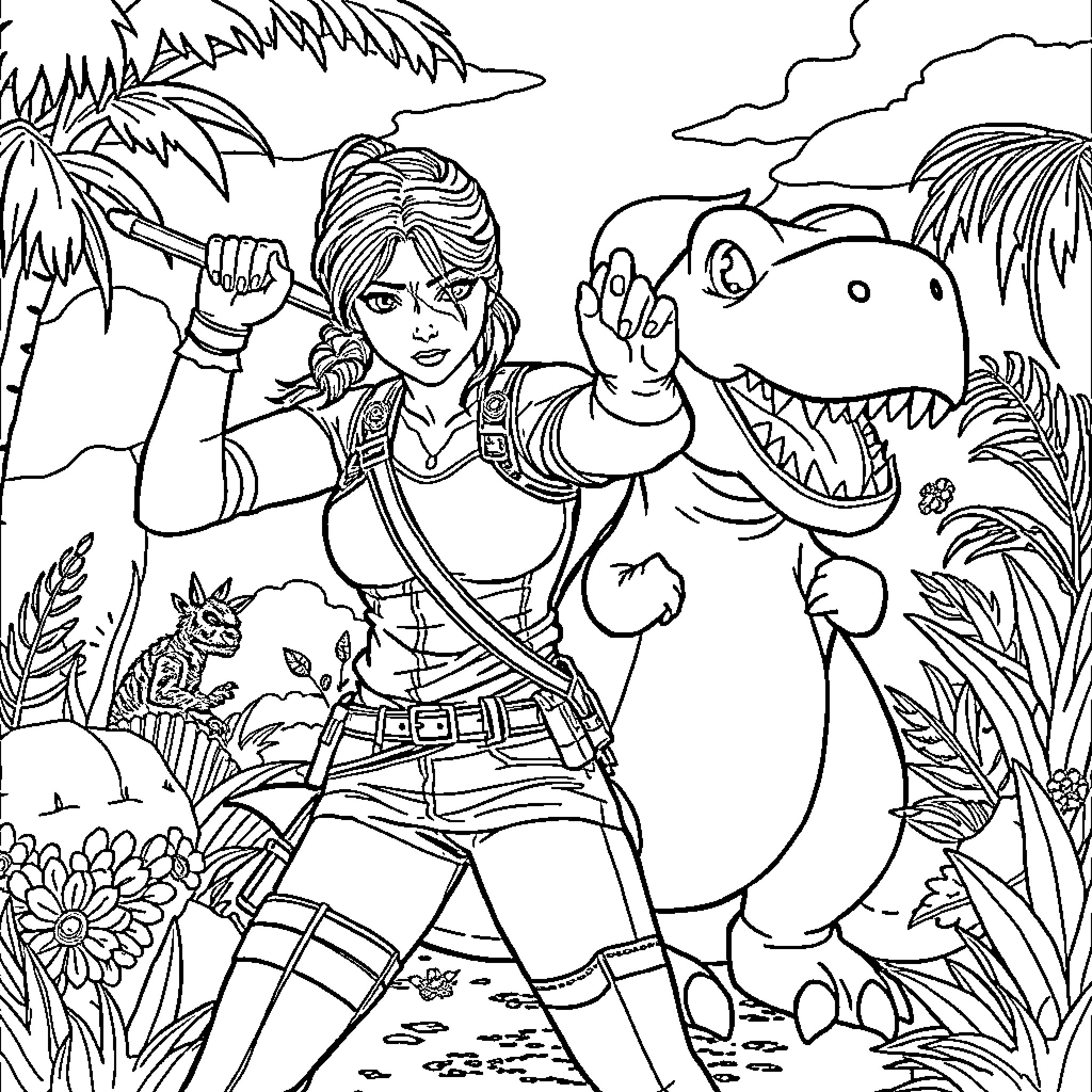 Katniss Everdeen Adventuring with Dinosaur Companion Coloring Page (free black-and-white line drawing printable PDF for all, from beginners to advanced learners, including children, teens, adults, and seniors)