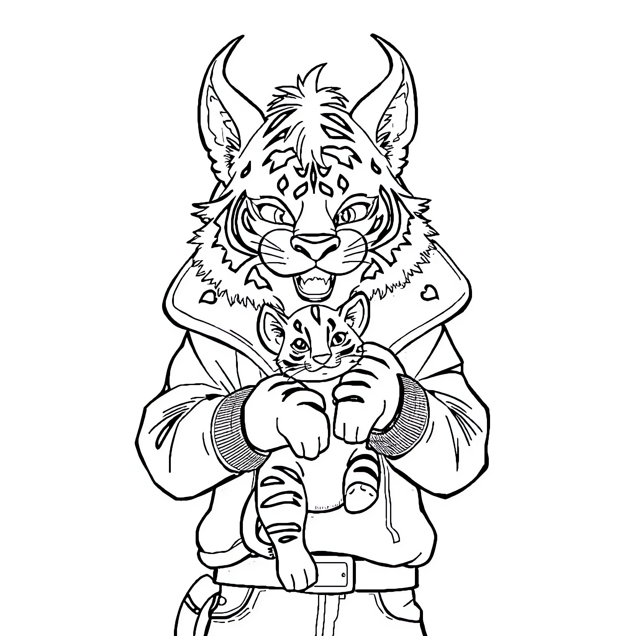 Rumy's Cozy Embrace: A Lynx and Its Cub Coloring Page (free black-and-white line drawing printable PDF for all, from beginners to advanced learners, including children, teens, adults, and seniors)