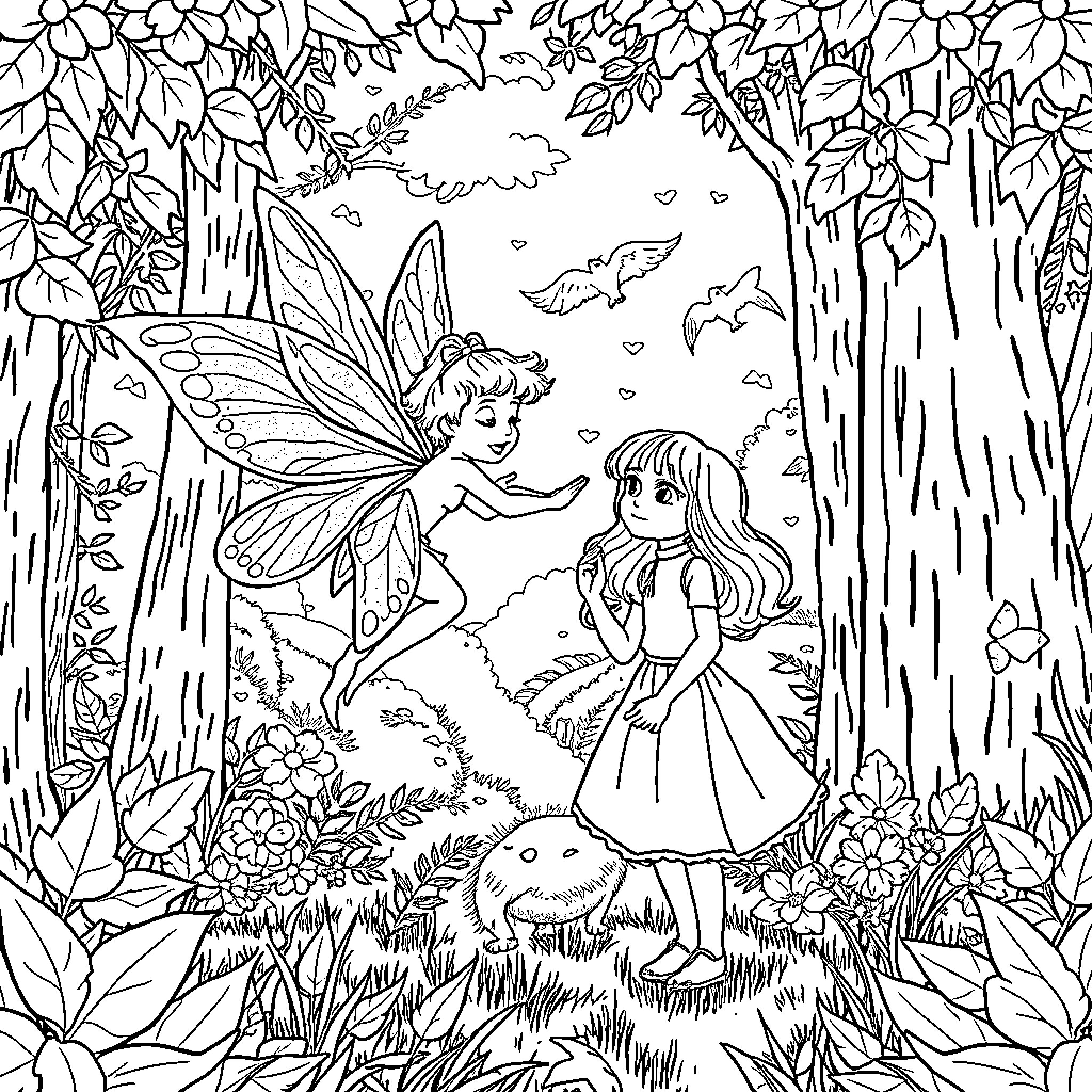 Fairy Encounter in the Enchanted Forest Coloring Page (free black-and-white line drawing printable PDF for all, from beginners to advanced learners, including children, teens, adults, and seniors)