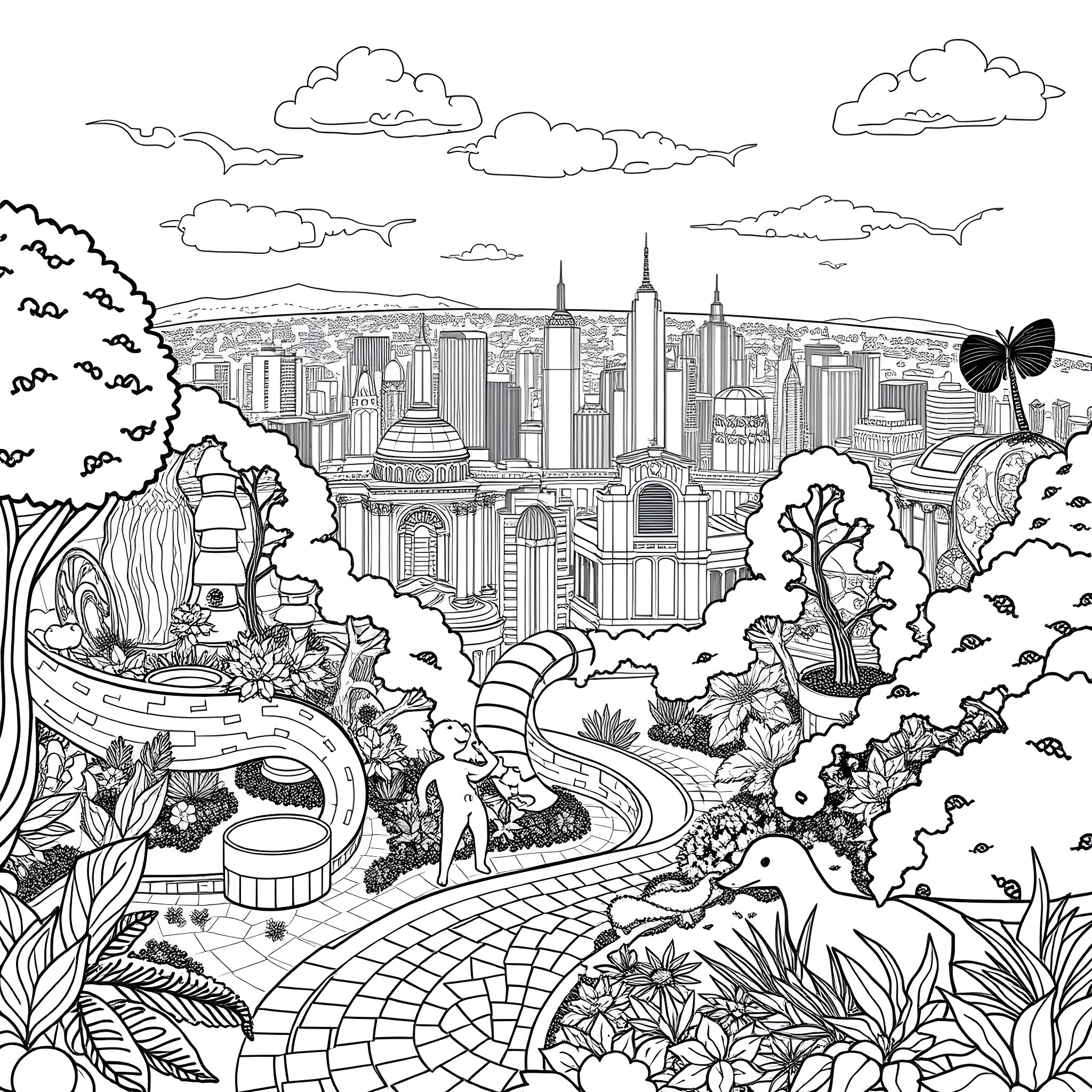 Park Güell: Whimsical Cityscape with Vibrant Foliage Coloring Page (free black-and-white line drawing printable PDF for all, from beginners to advanced learners, including children, teens, adults, and seniors)