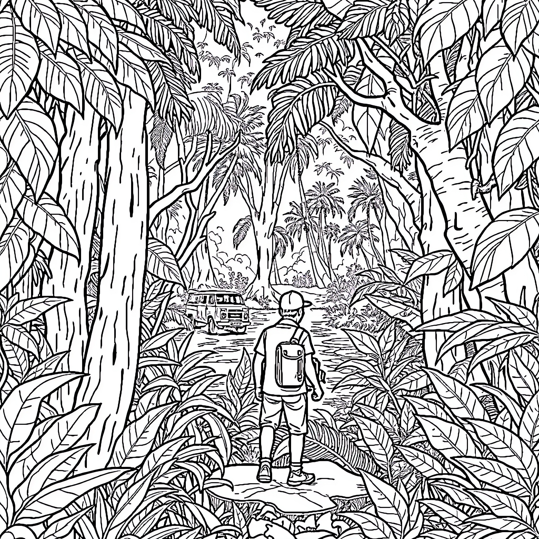 Man exploring lush tropical forest landscape Coloring Page (free black-and-white line drawing printable PDF for all, from beginners to advanced learners, including children, teens, adults, and seniors)