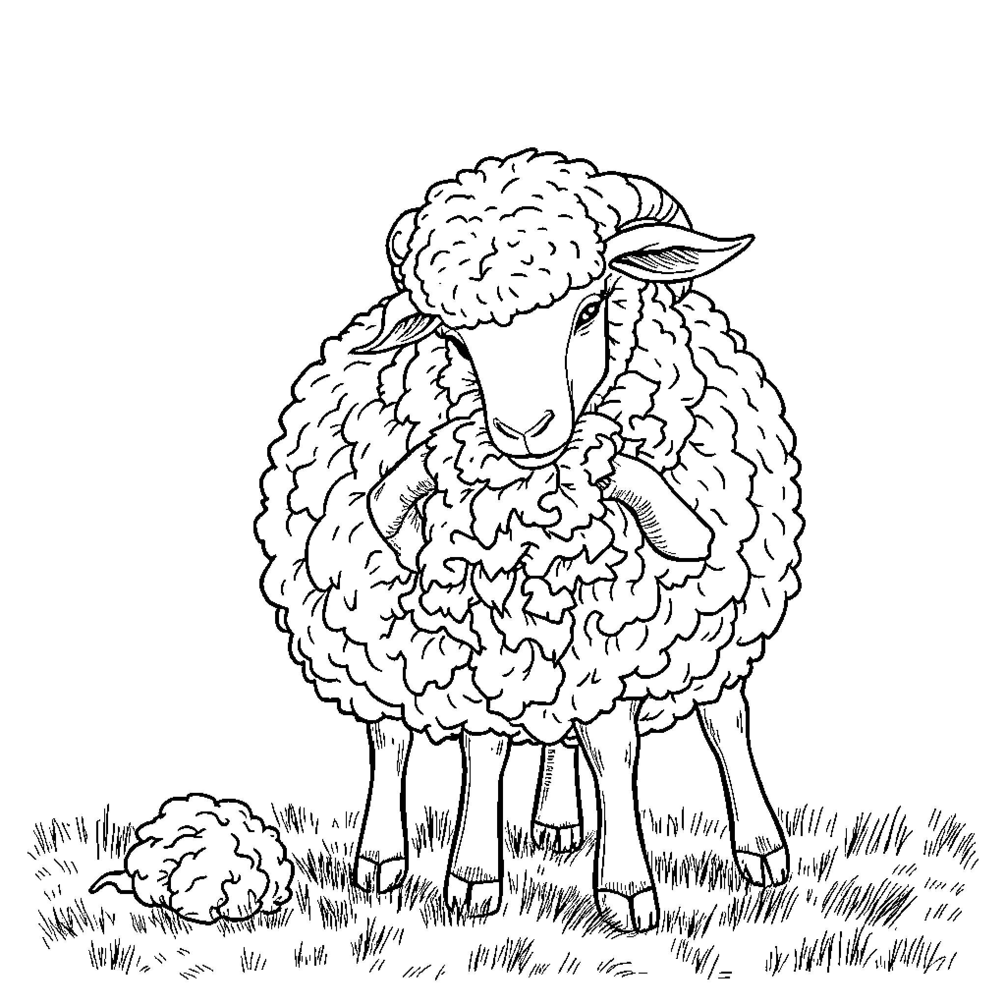 Sheep standing in a grassy field Coloring Page (free black-and-white line drawing printable PDF for all, from beginners to advanced learners, including children, teens, adults, and seniors)